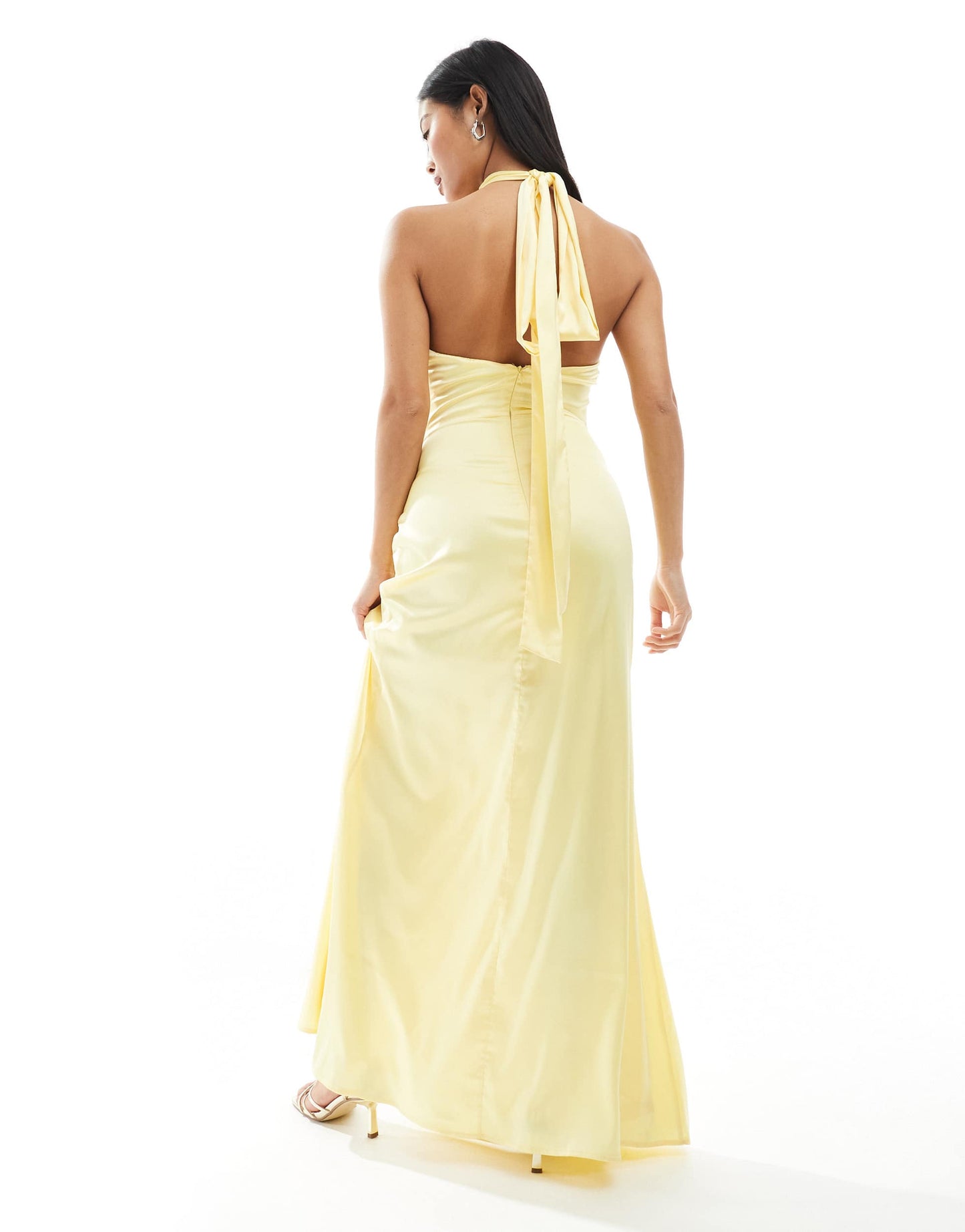 TFNC Petite Bridesmaid satin high neck maxi dress with bow back in lemon