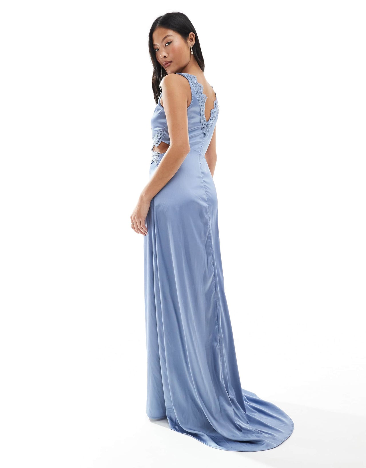 TFNC Petite Bridesmaid satin maxi dress with scalloped lace detail in dusty blue