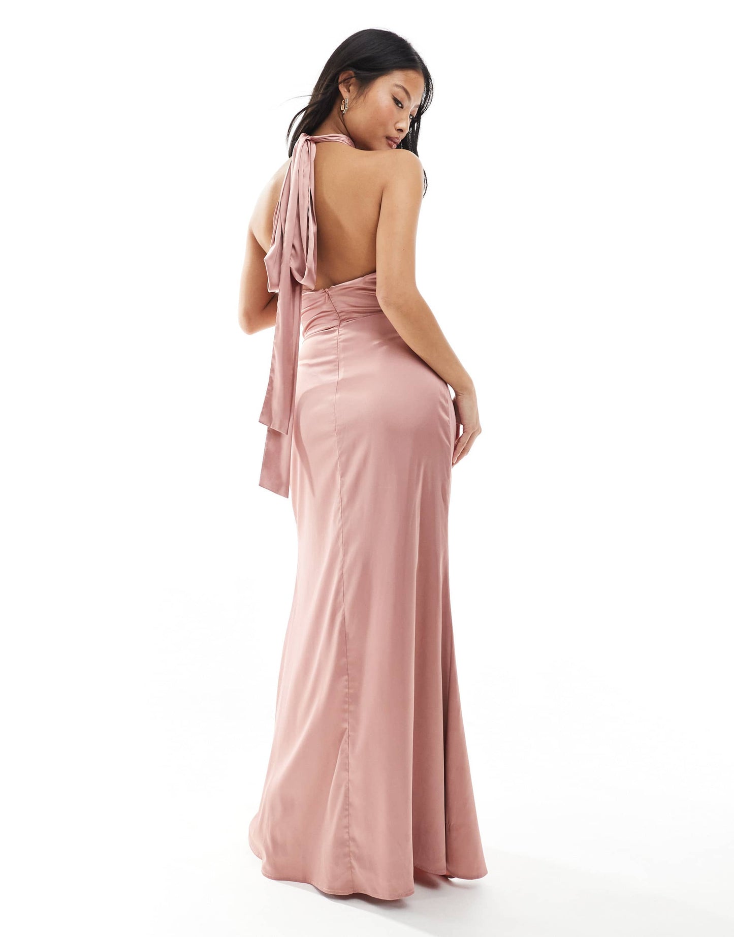 TFNC Petite Bridesmaid satin high neck maxi dress with bow back in dusky pink