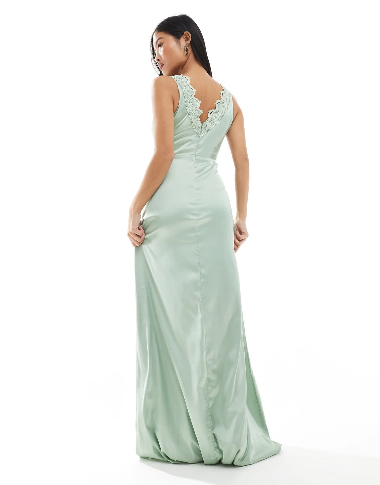 TFNC Petite Bridesmaid satin maxi dress with scalloped lace detail in sage