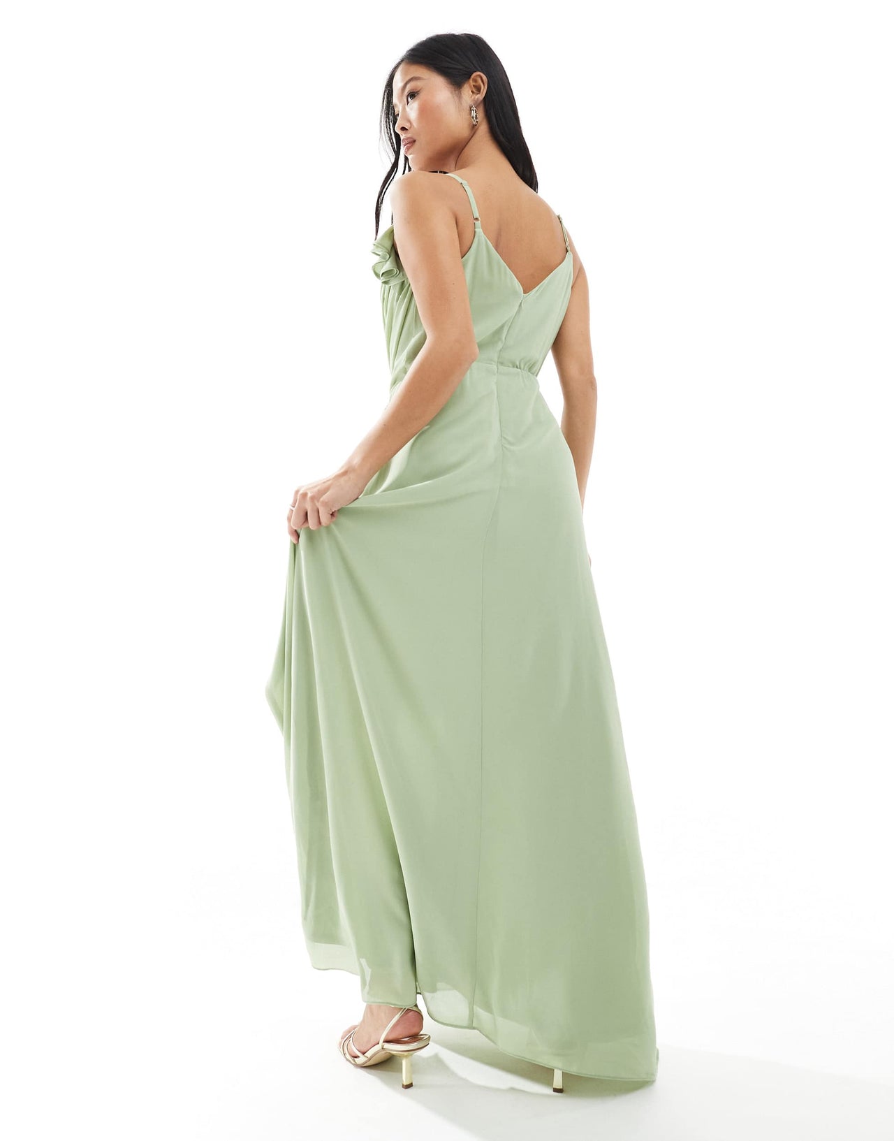 TFNC Petite Bridesmaid wrap front chiffon maxi dress with frill detail and split in sage