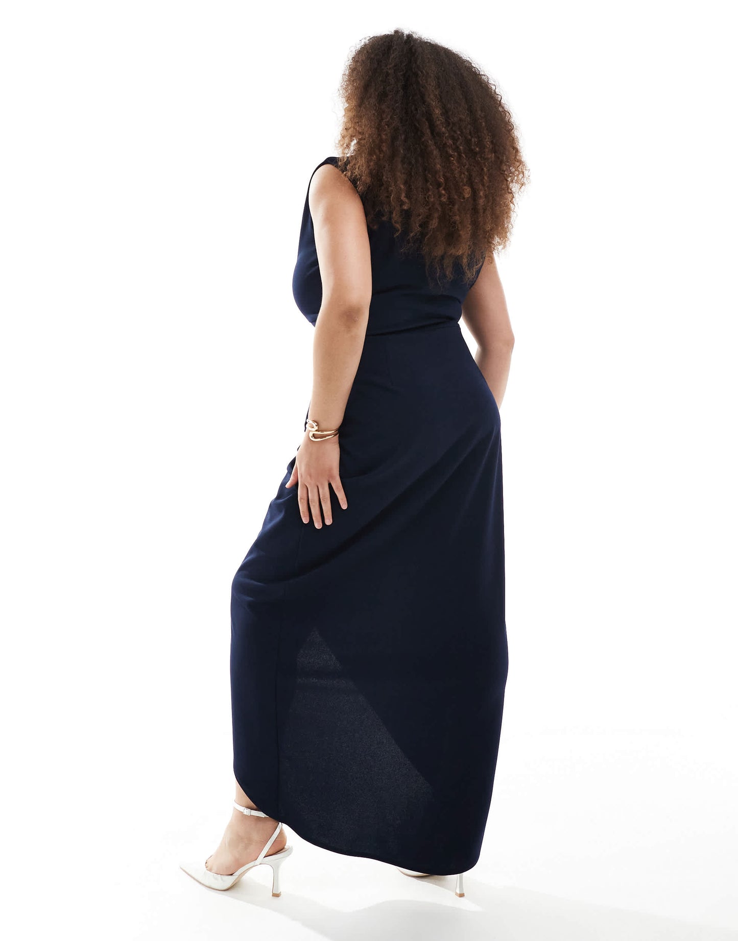 TFNC Plus Bridesmaid slash neck maxi dress with ruching detail in navy