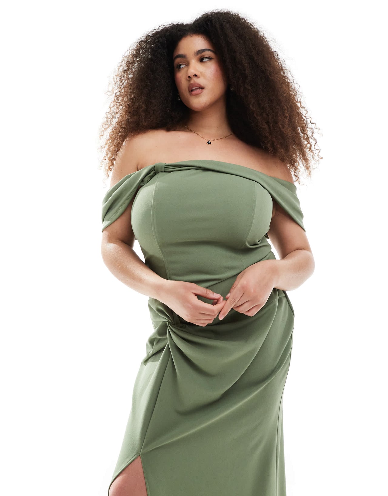 TFNC Plus Bridesmaid fallen shoulder maxi dress with split in dark green