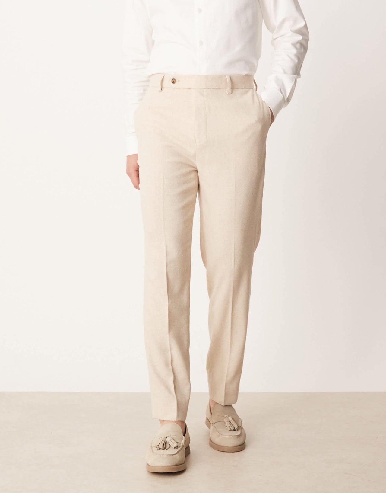 ASOS DESIGN smart tapered fit trousers with wool in light stone
