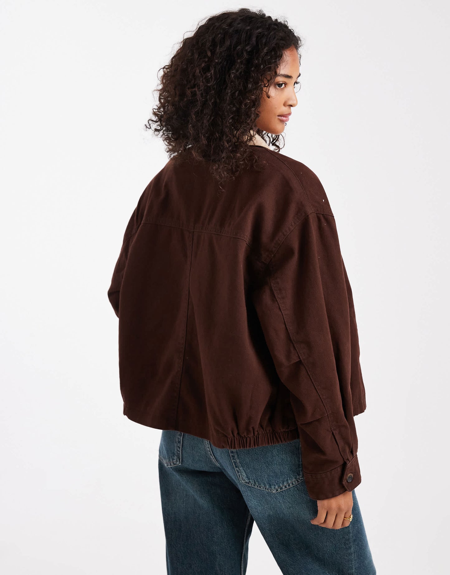 ASOS DESIGN bomber barn jacket with stone collar in chocolate