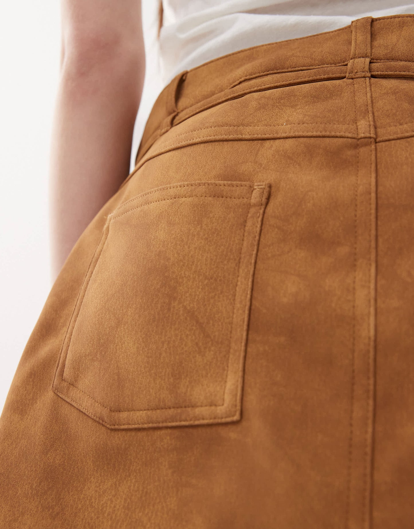 Monk western faux suede low waist mini skirt with tie waist detail in tan