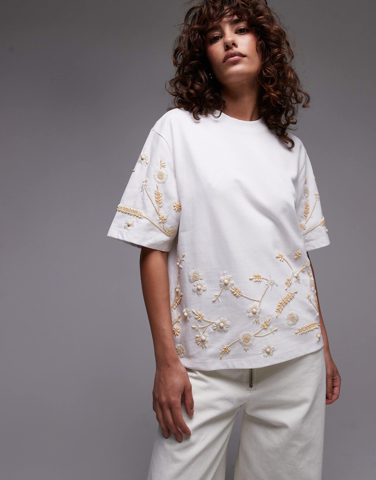 Topshop floral beaded oversized tee in white