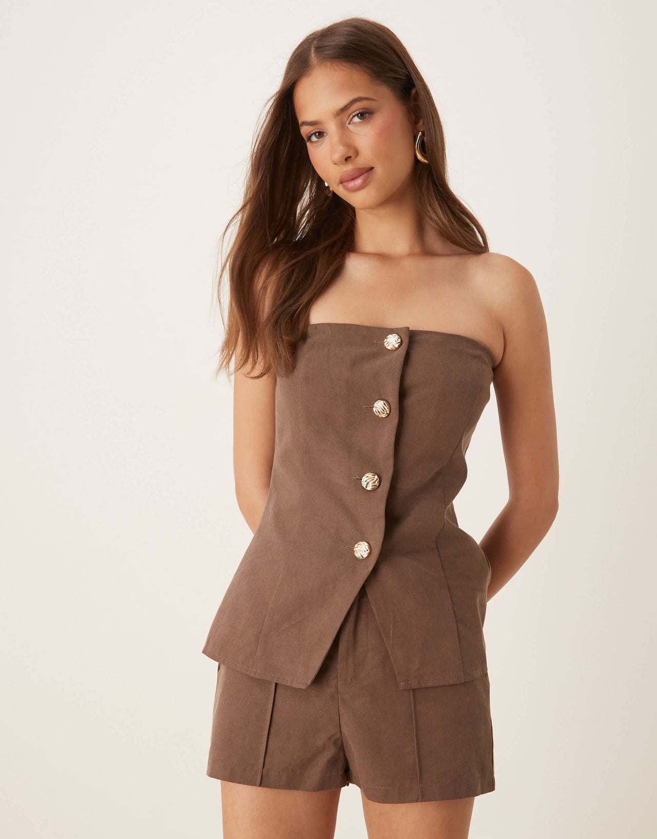 SNDYS linen look bandeau gold button tie back waistcoat co-ord in brown