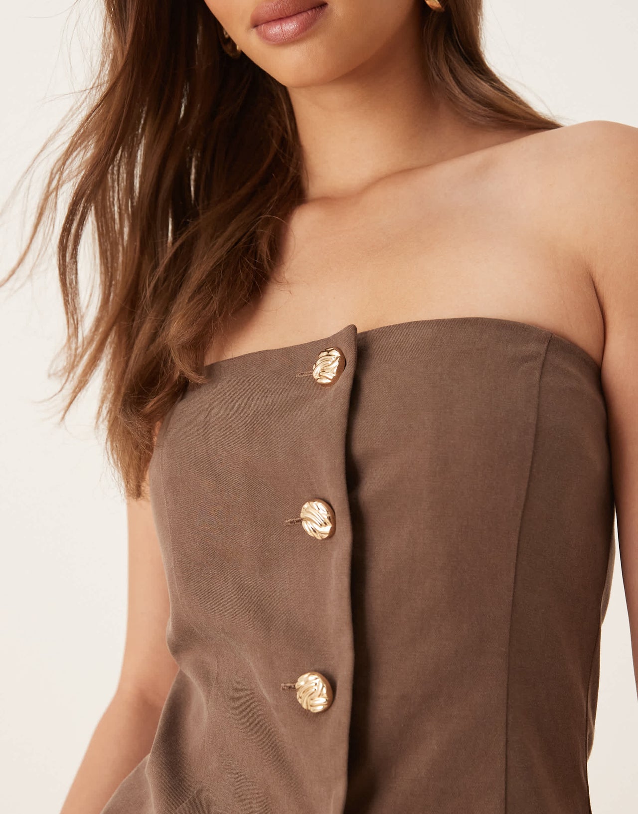 SNDYS linen look bandeau gold button tie back waistcoat co-ord in brown