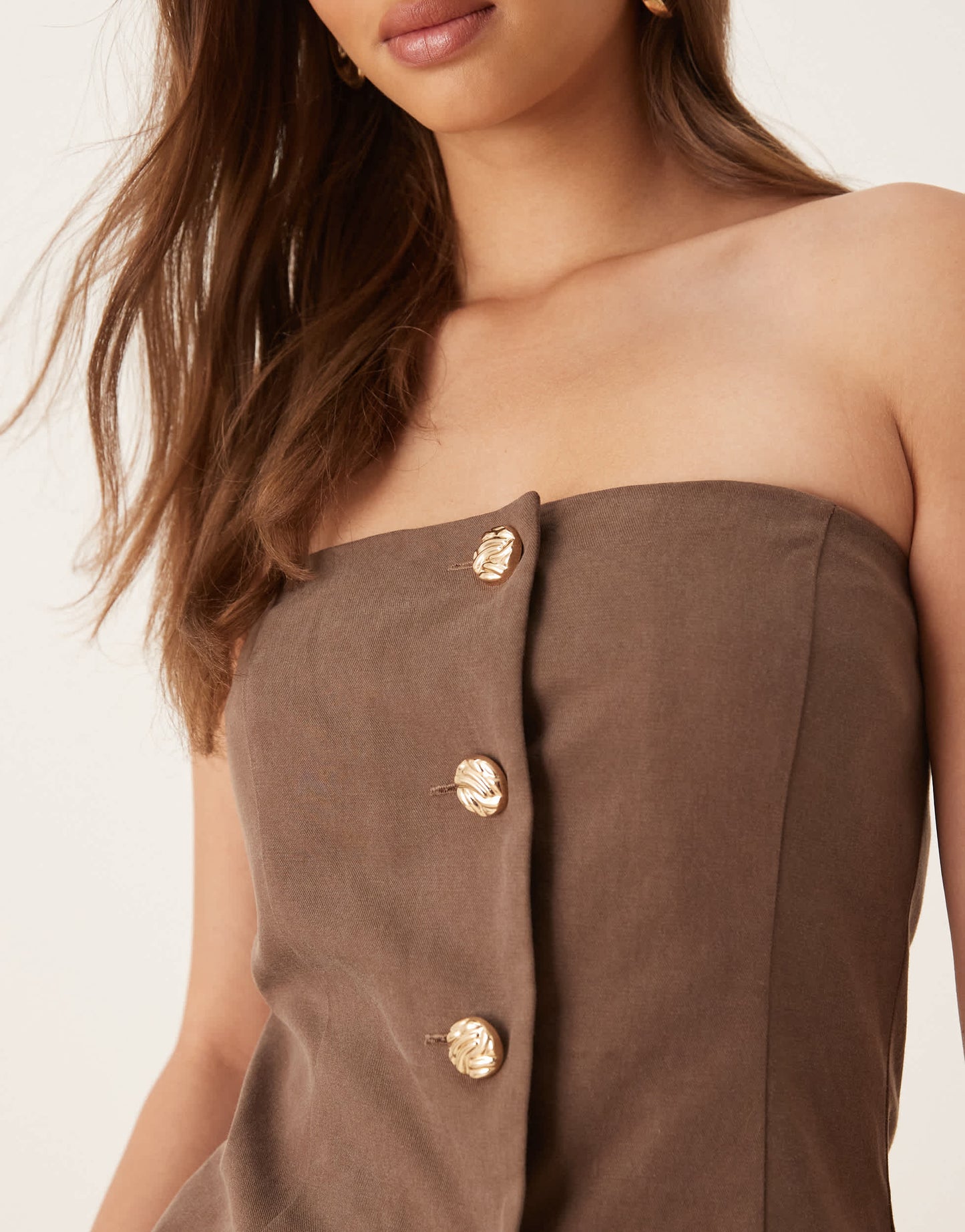 SNDYS linen look bandeau gold button tie back waistcoat co-ord in brown