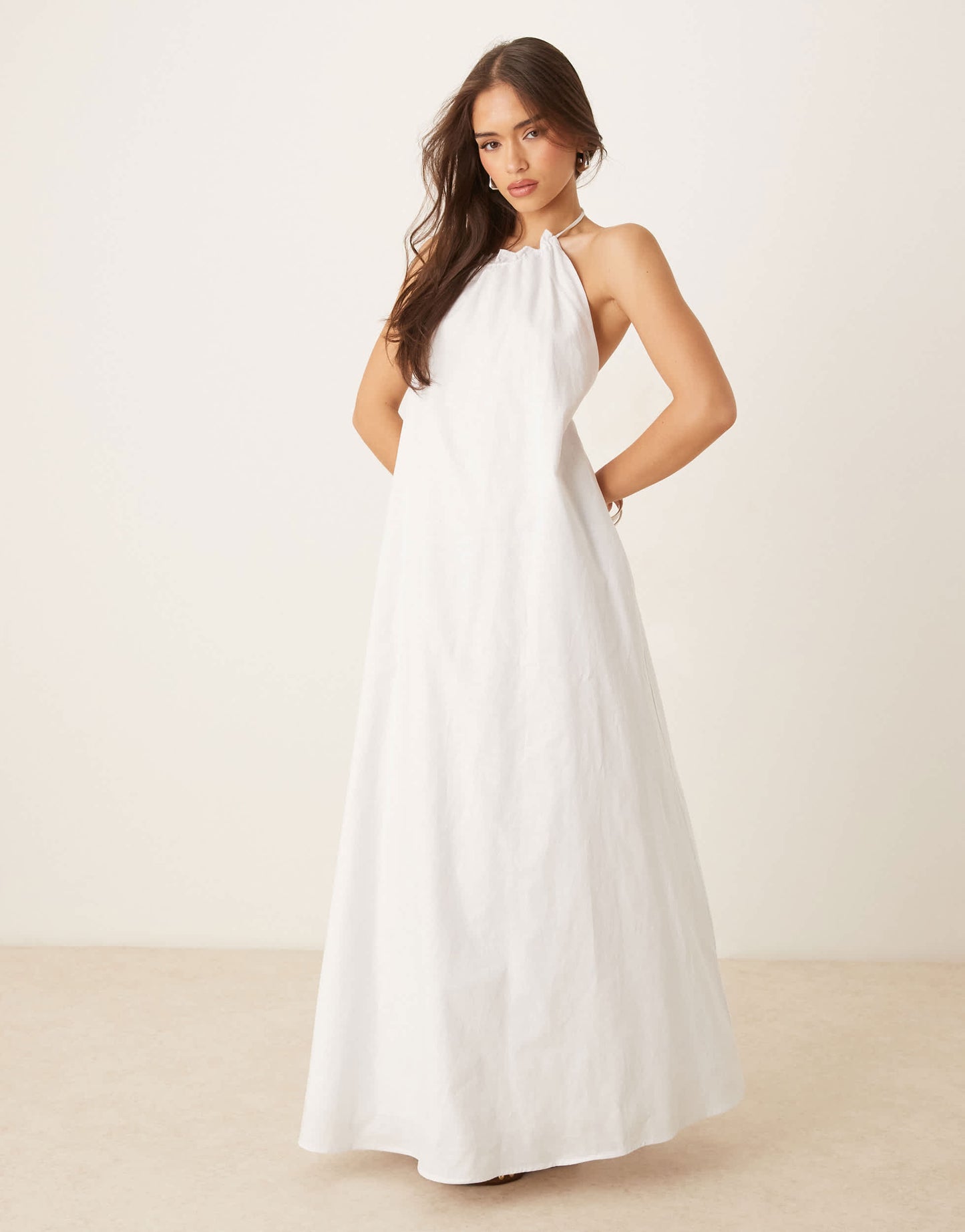SNDYS poplin linen blend halterneck open back maxi dress in white