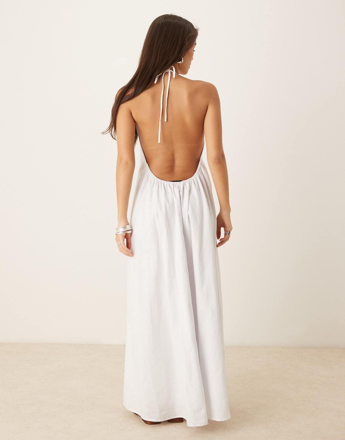 SNDYS poplin linen blend halterneck open back maxi dress in white