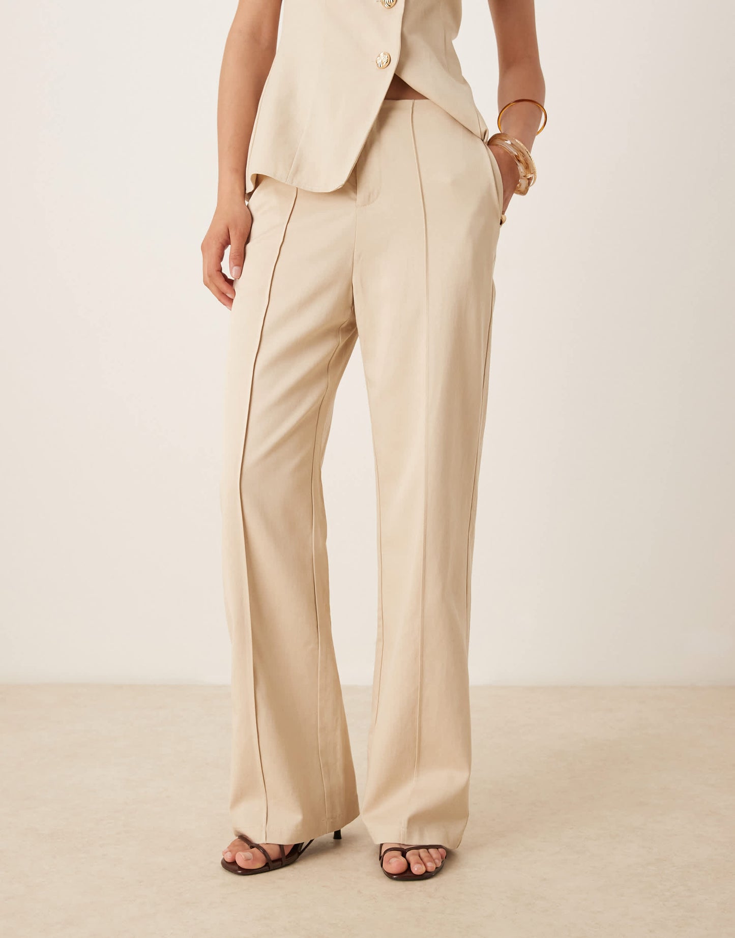 SNDYS linen look seam front wide leg trousers co-ord in cream
