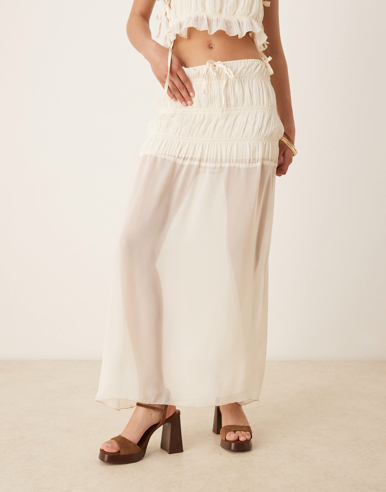 SNDYS shirred detail sheer hem maxi skirt co-ord in cream