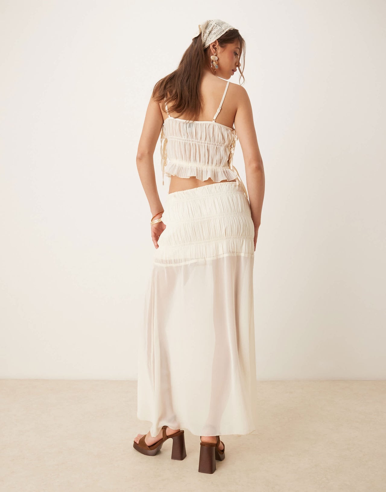 SNDYS shirred detail sheer hem maxi skirt co-ord in cream