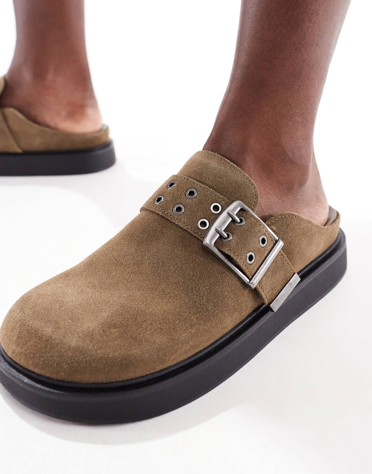 Pull&Bear buckle detail suede clog in khaki