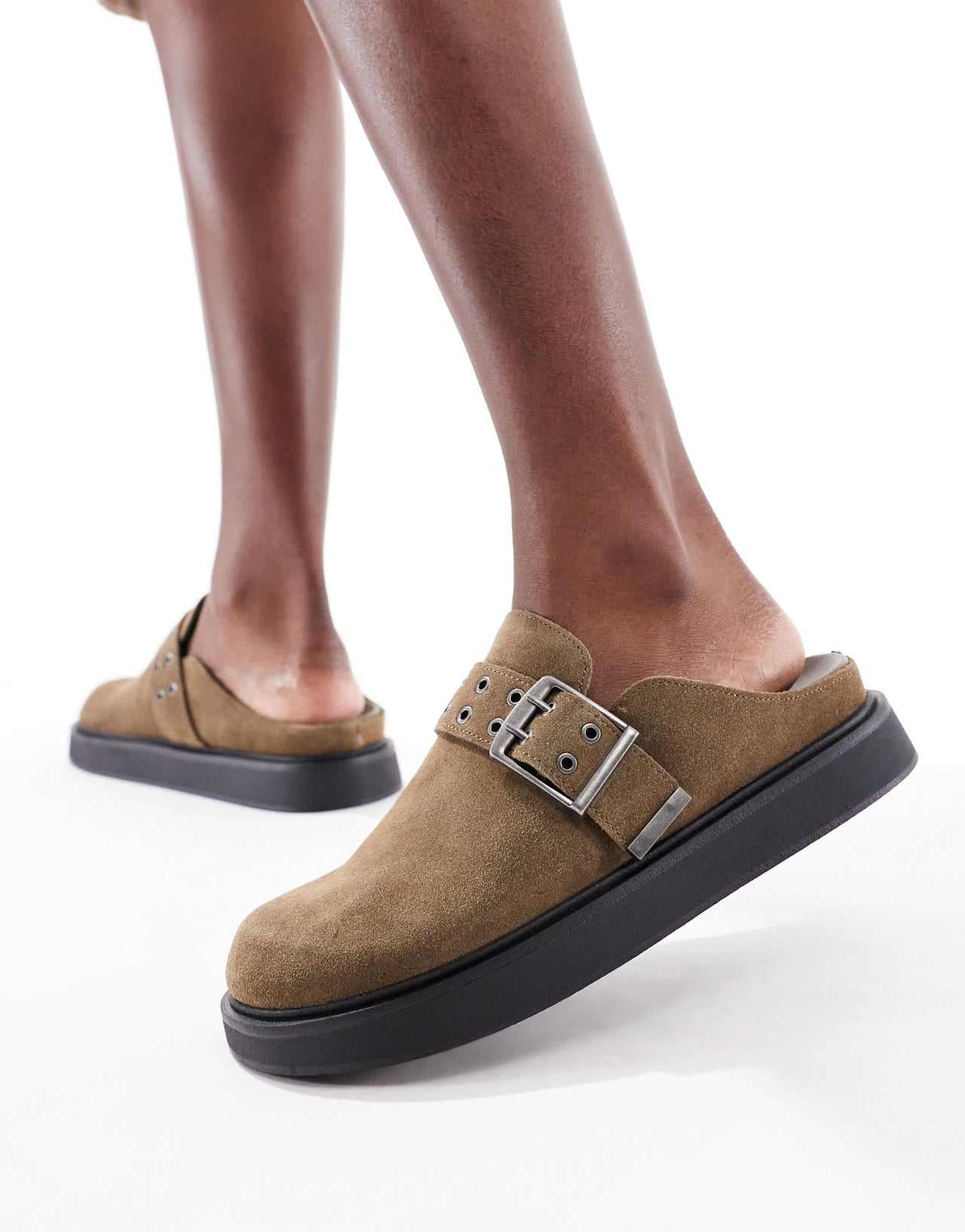 Pull&Bear buckle detail suede clog in khaki
