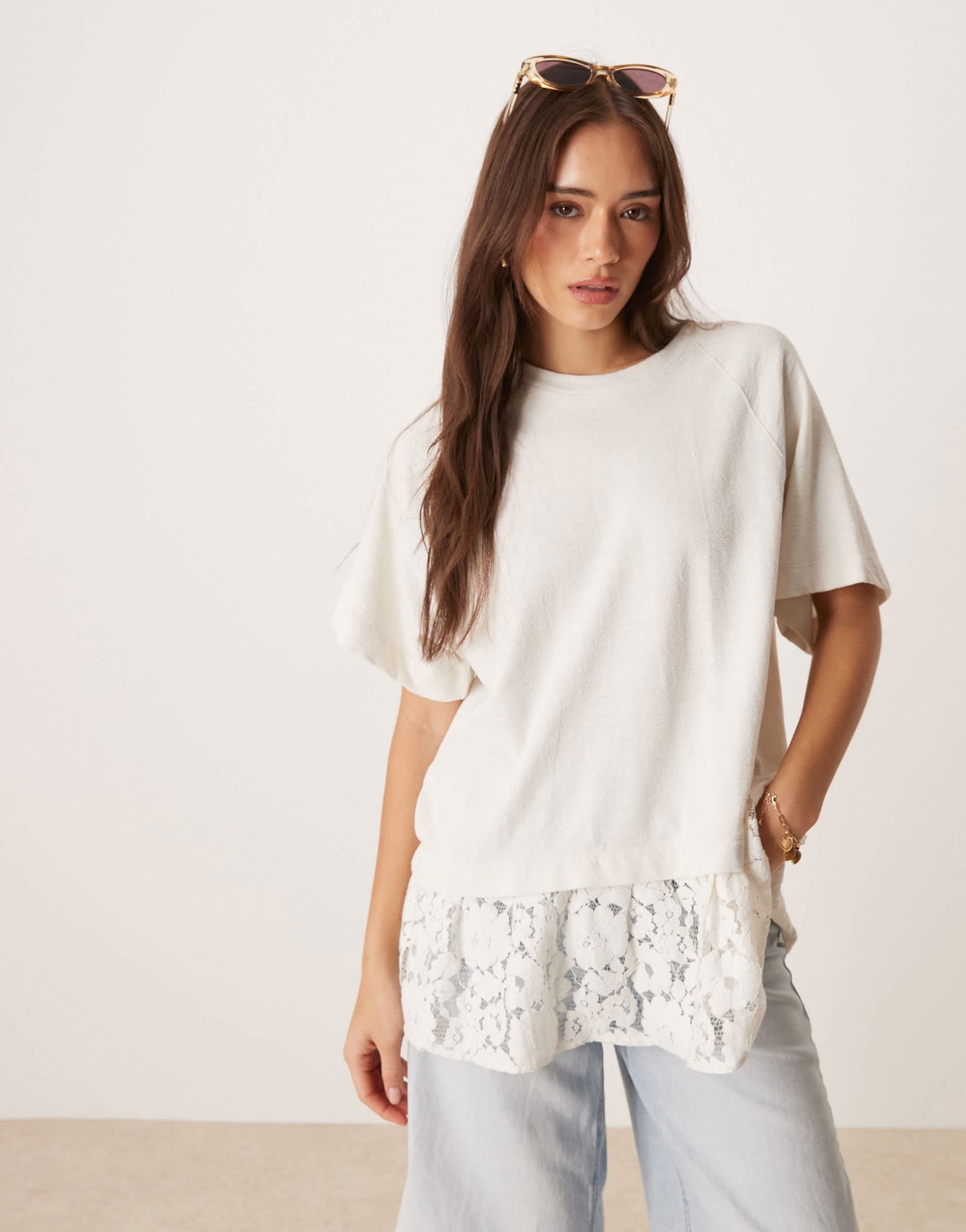 ASOS DESIGN oversized raglan t-shirt with lace hem detail in cream
