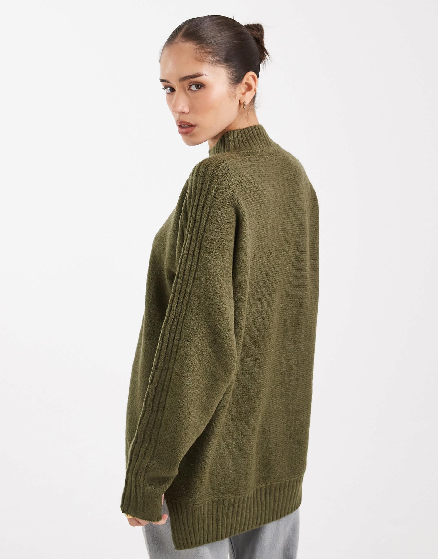Threadbare high neck oversized jumper in khaki