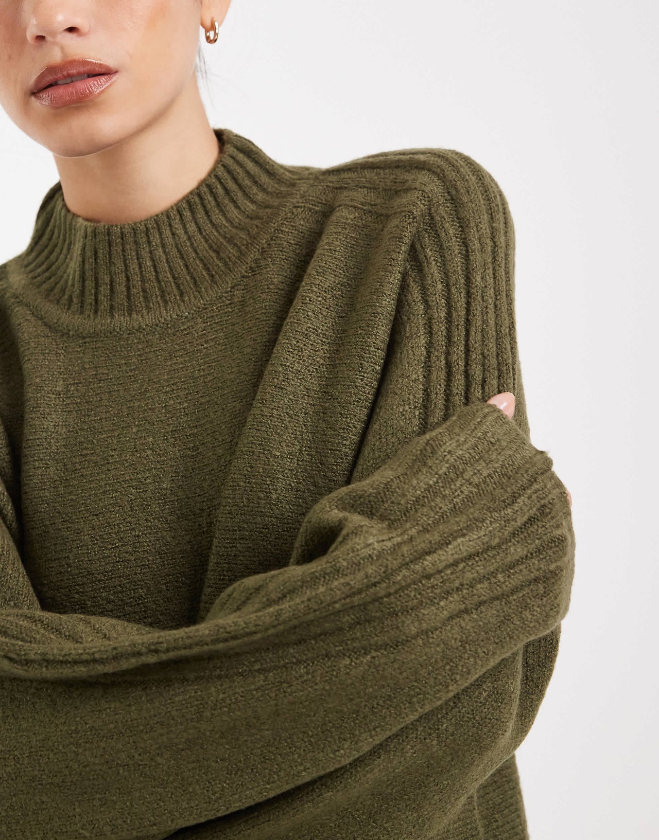 Threadbare high neck oversized jumper in khaki