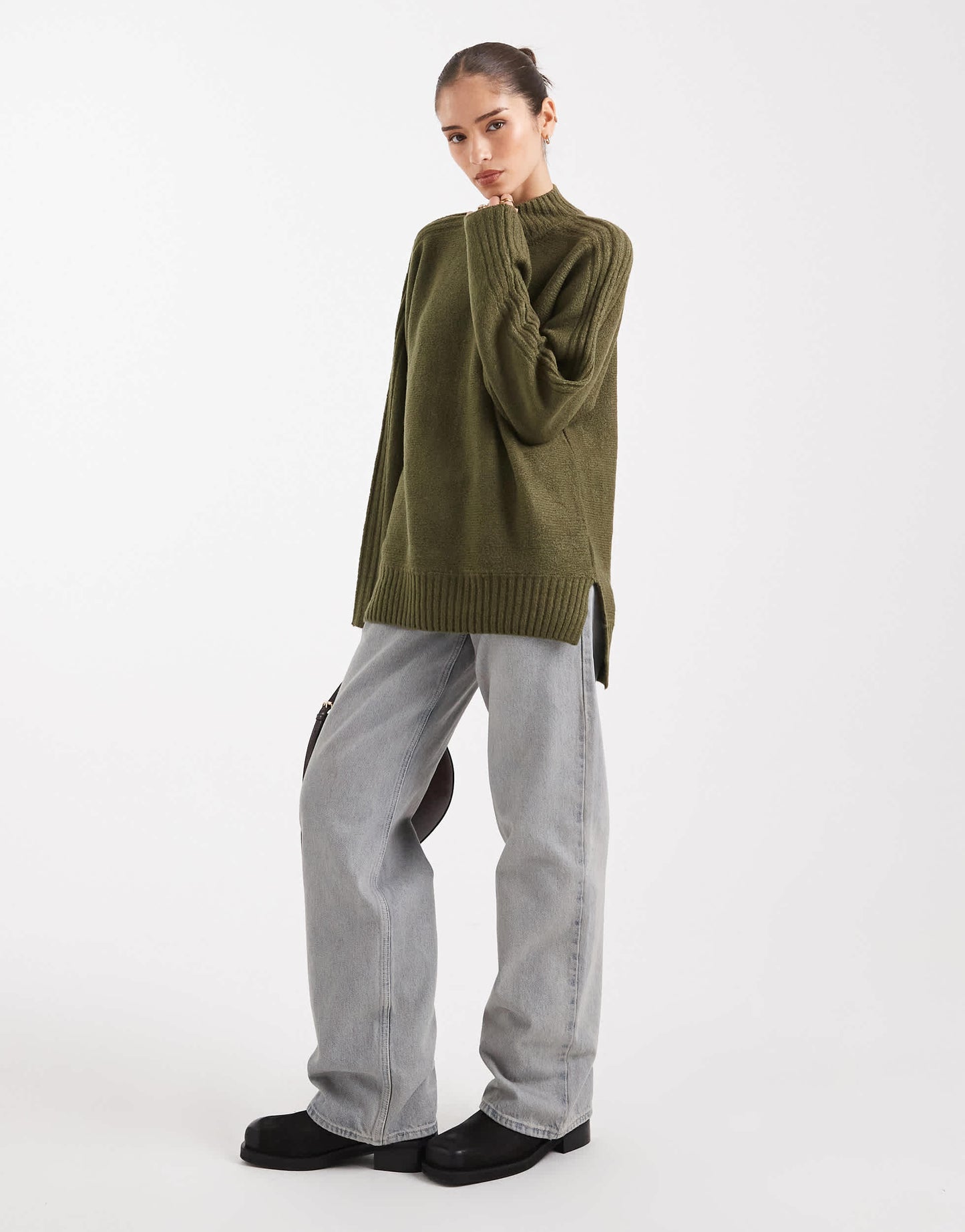 Threadbare high neck oversized jumper in khaki