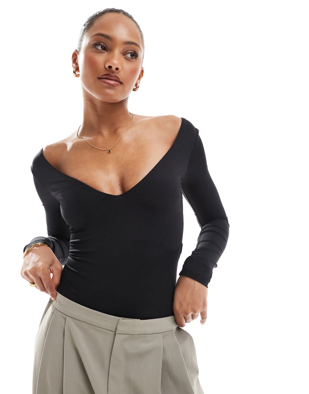 Bershka v-neck bodysuit in black