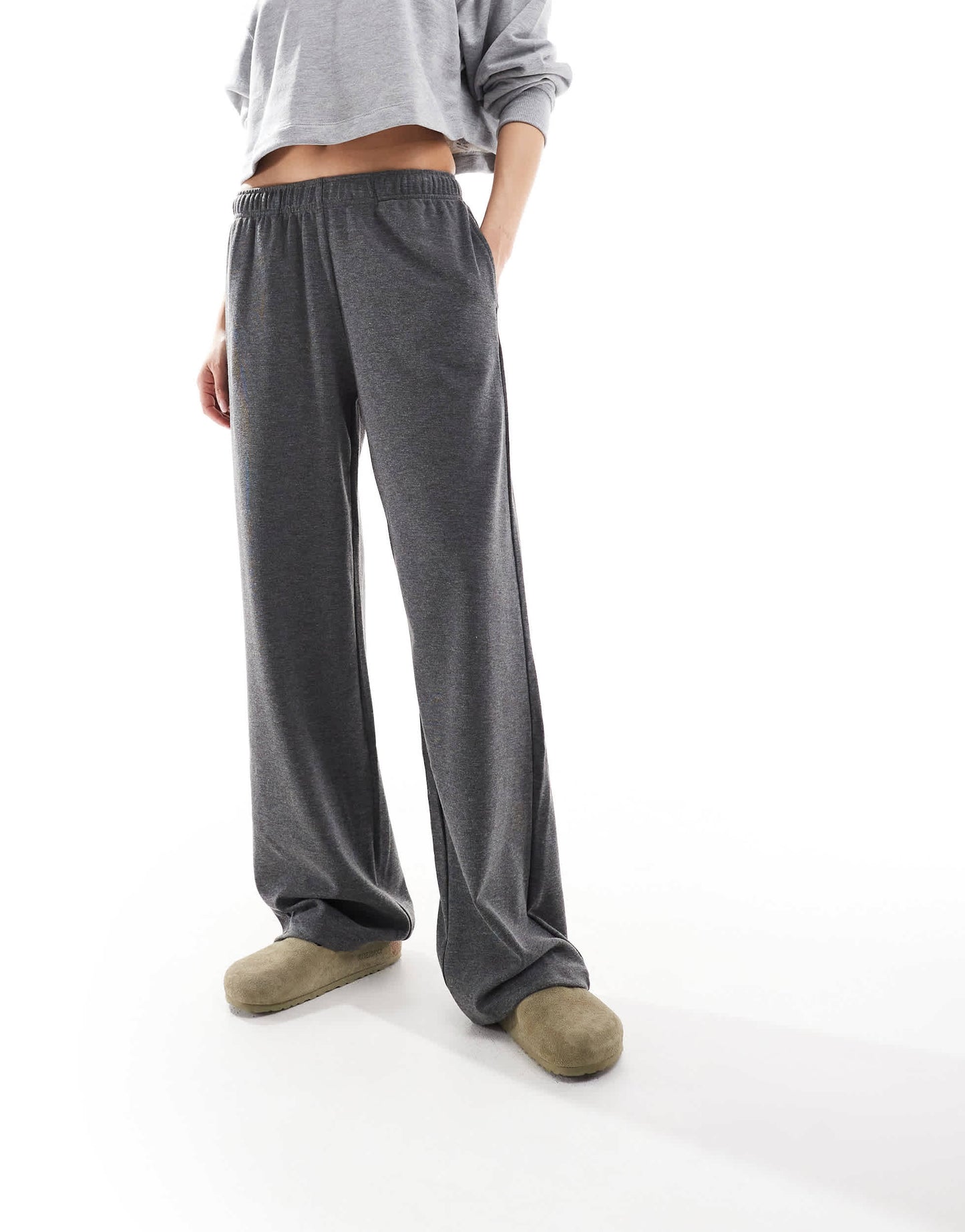 Bershka wide leg soft knit joggers in grey