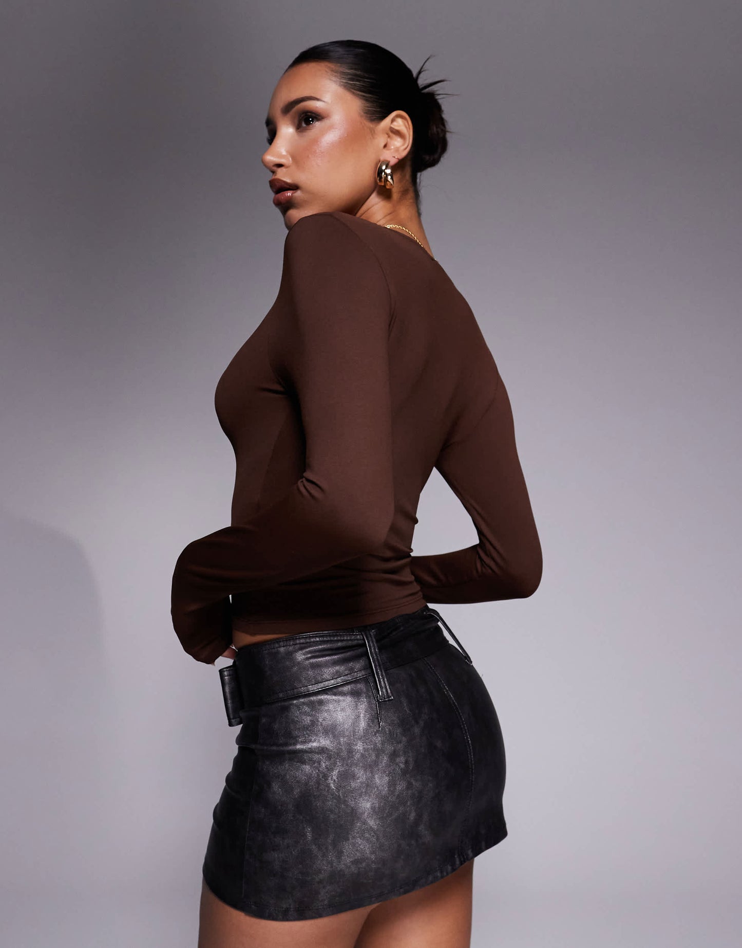 ASOS DESIGN polyamide slinky long sleeve top in chocolate