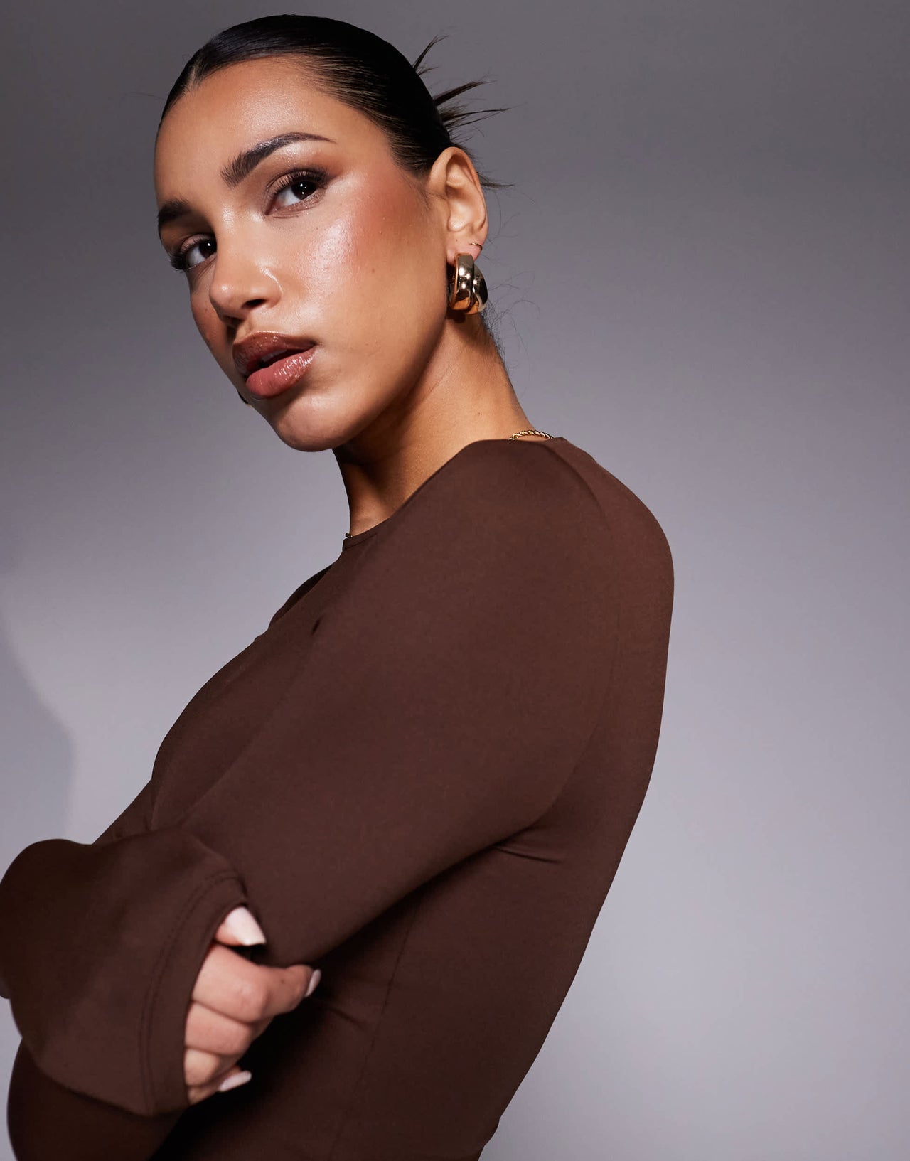 ASOS DESIGN polyamide slinky long sleeve top in chocolate