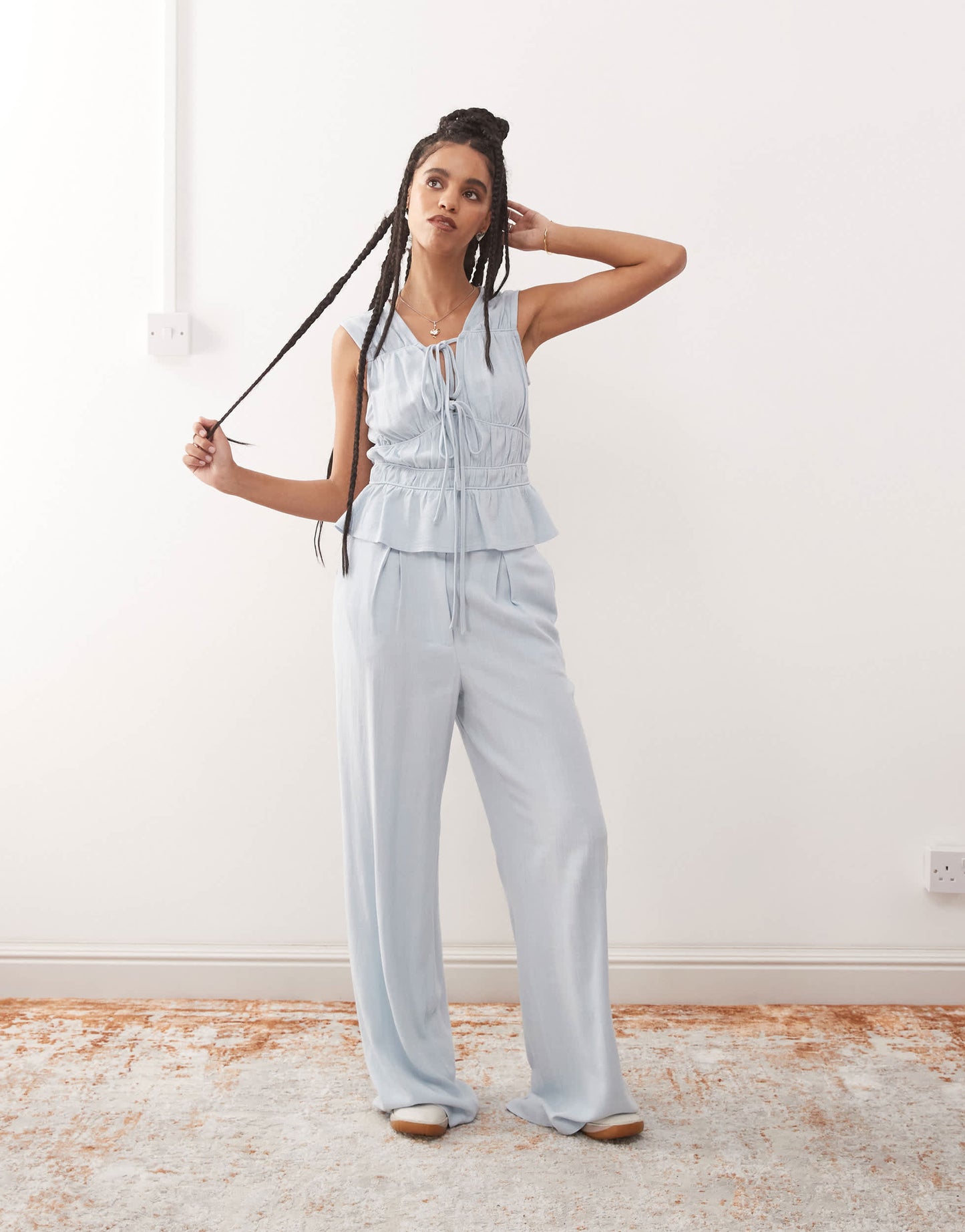 Reclaimed Vintage ruched tie front linen blend top in power blue
