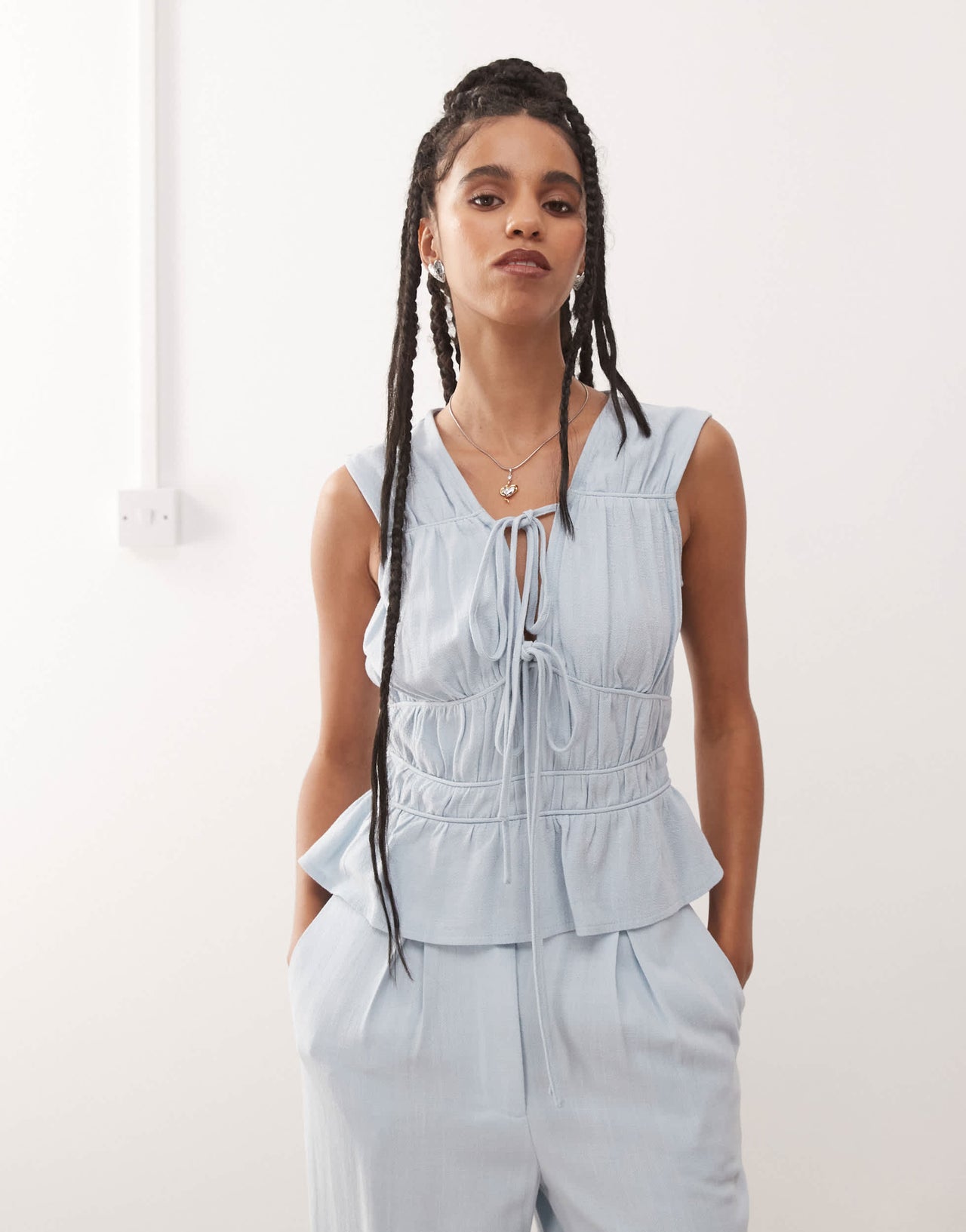 Reclaimed Vintage ruched tie front linen blend top in power blue