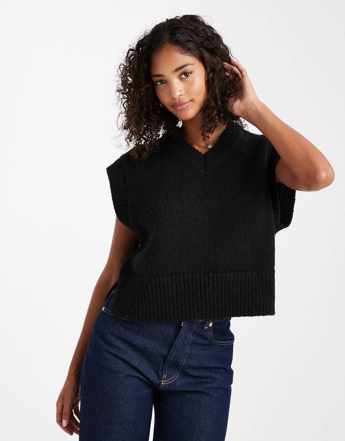 ASOS DESIGN boxy fluffy v neck tank in black