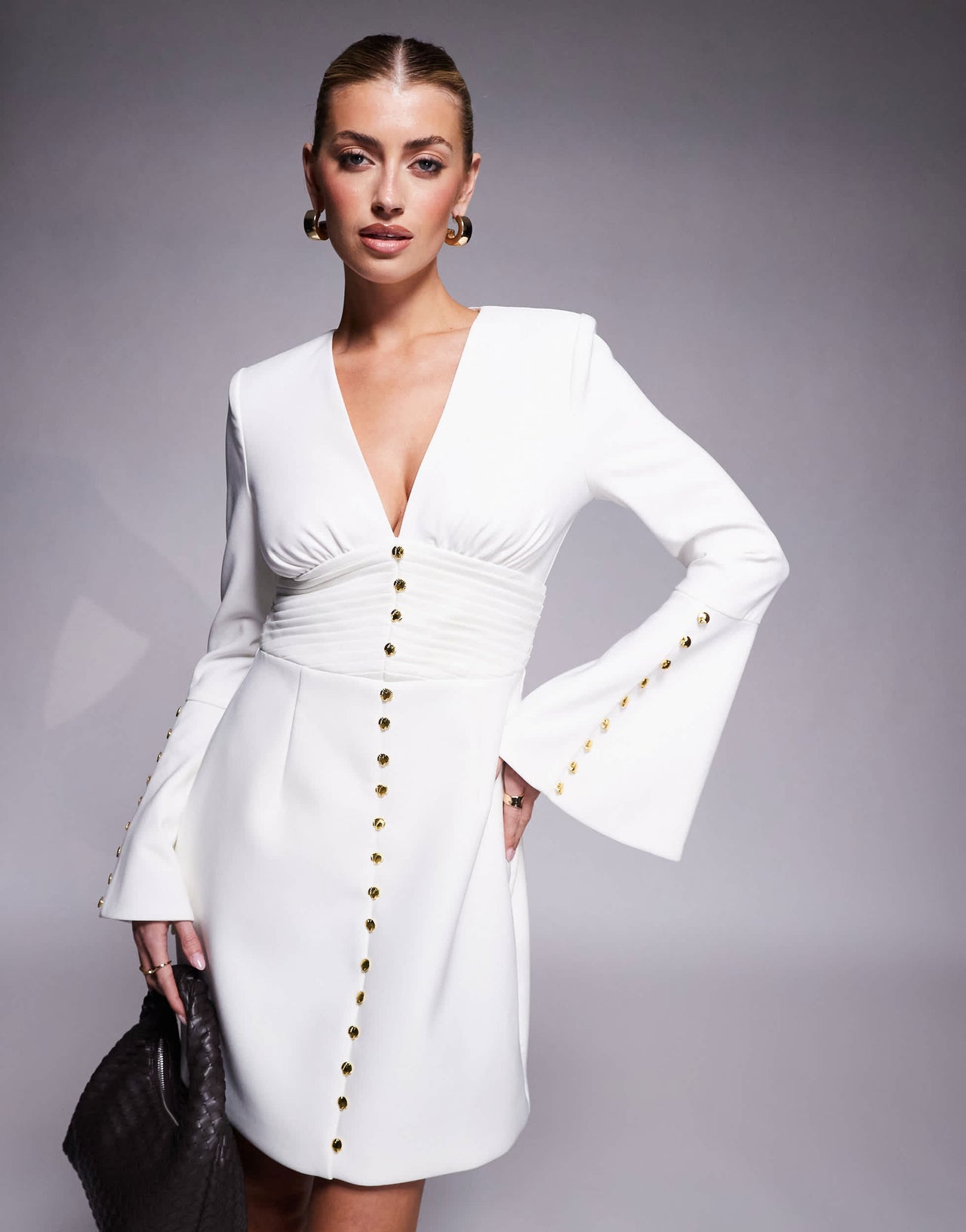 Lavish Alice fluted sleeve rose button mini dress in white