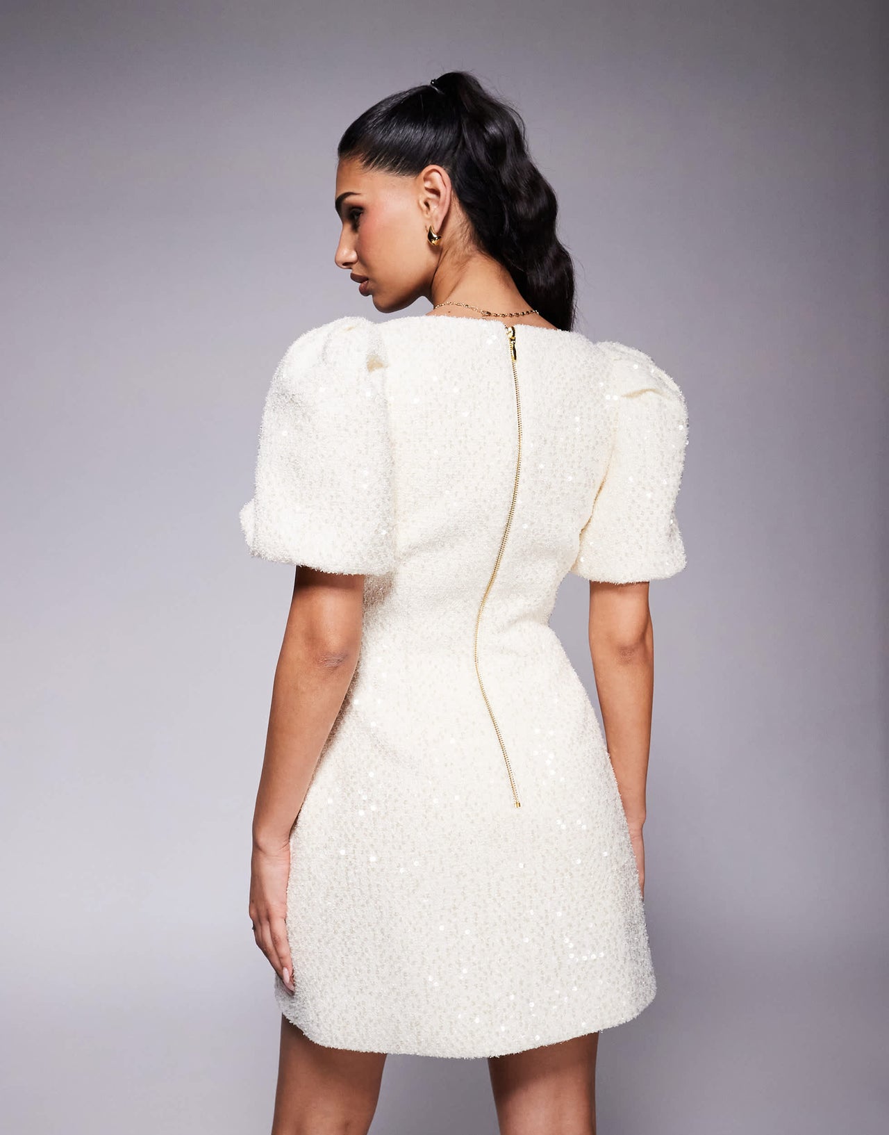 Lavish Alice sequin boucle shell mini dress in beige
