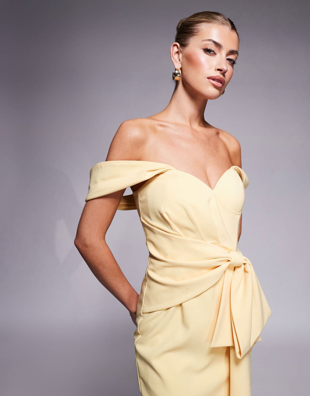 Lavish Alice off shoulder bow detail midi dress in yellow
