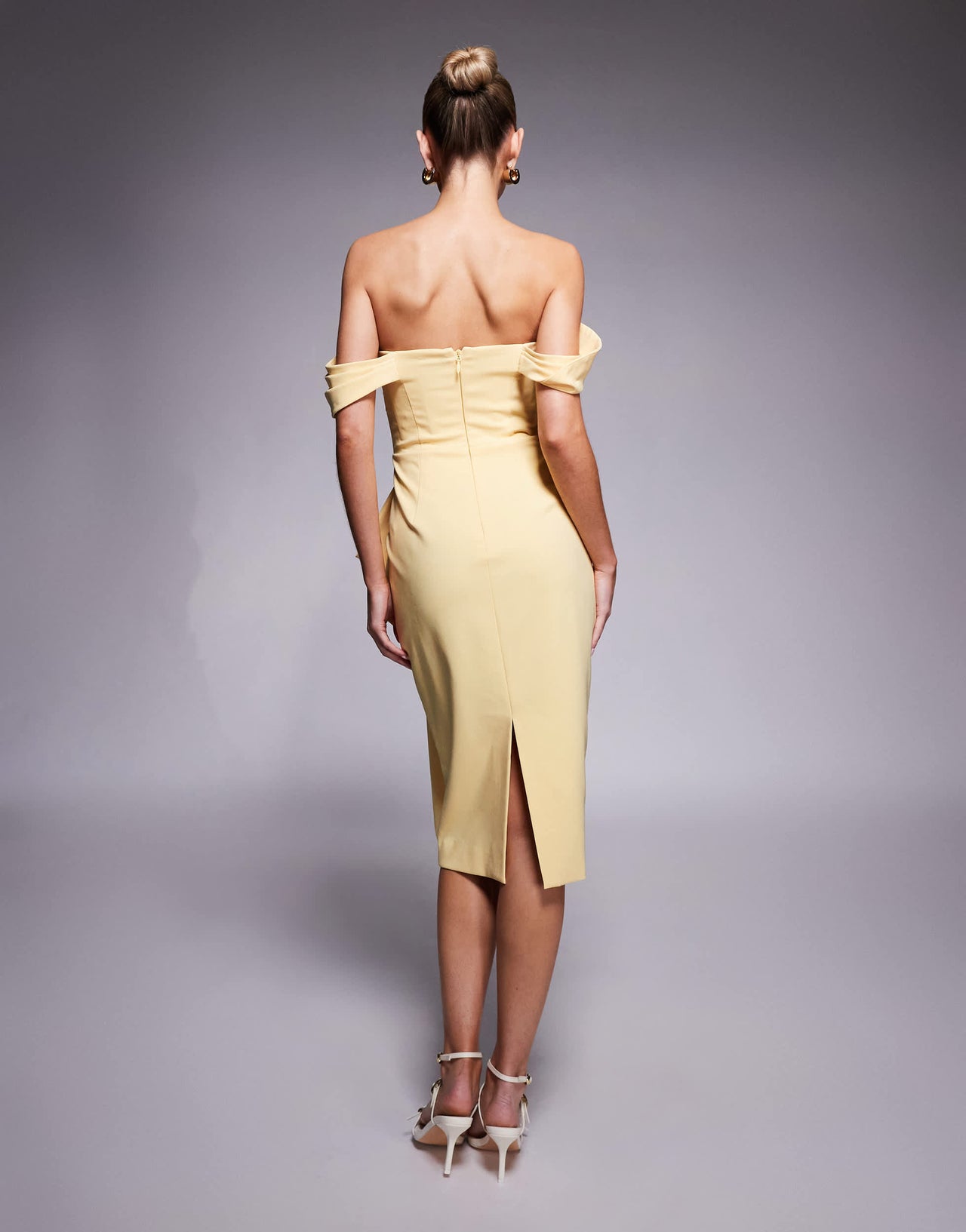 Lavish Alice off shoulder bow detail midi dress in yellow