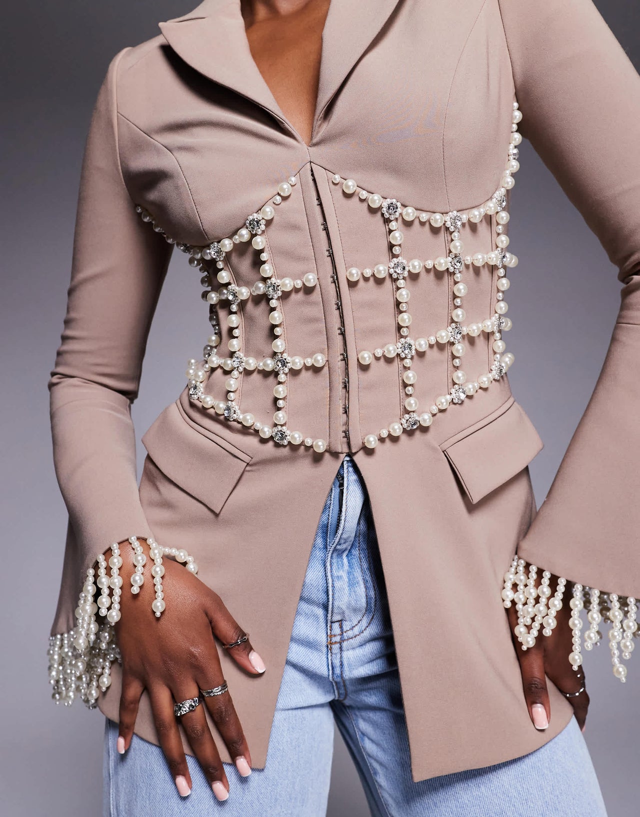Lavish Alice pearl embellished blazer in mushroom