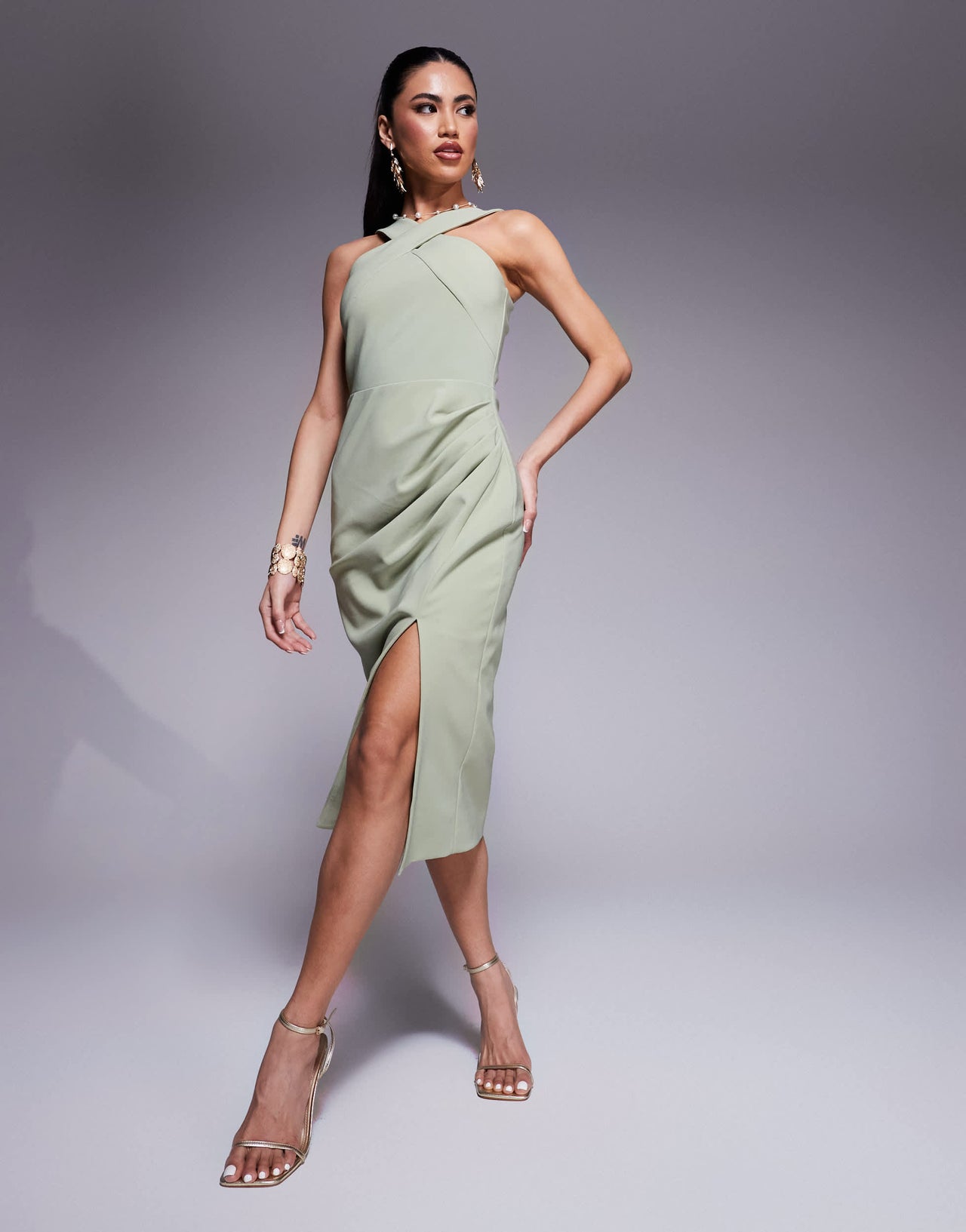 Lavish Alice halter neck midi dress in sage green - LGREEN