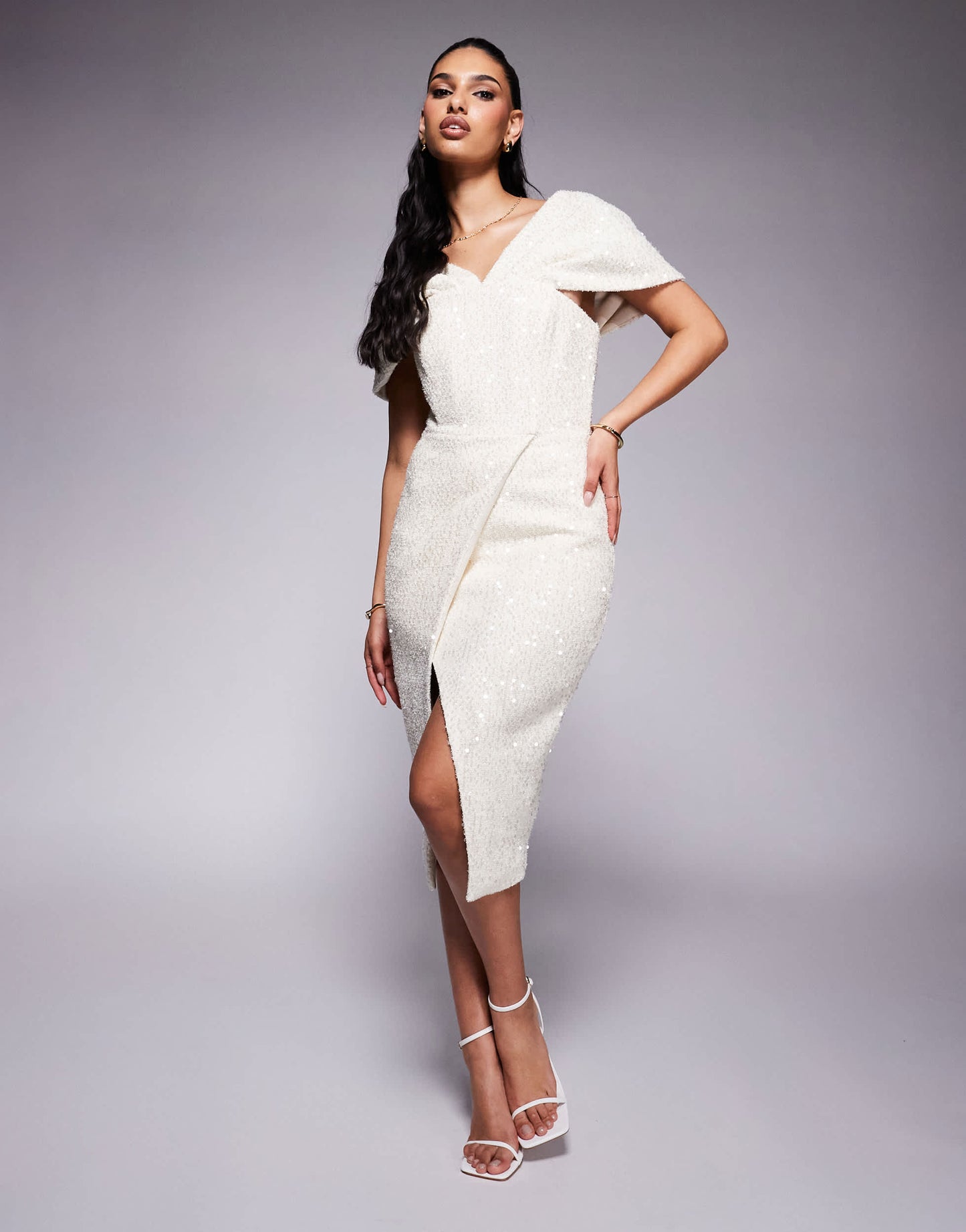 Lavish Alice draped bardot sequin boucle midi dress in beige