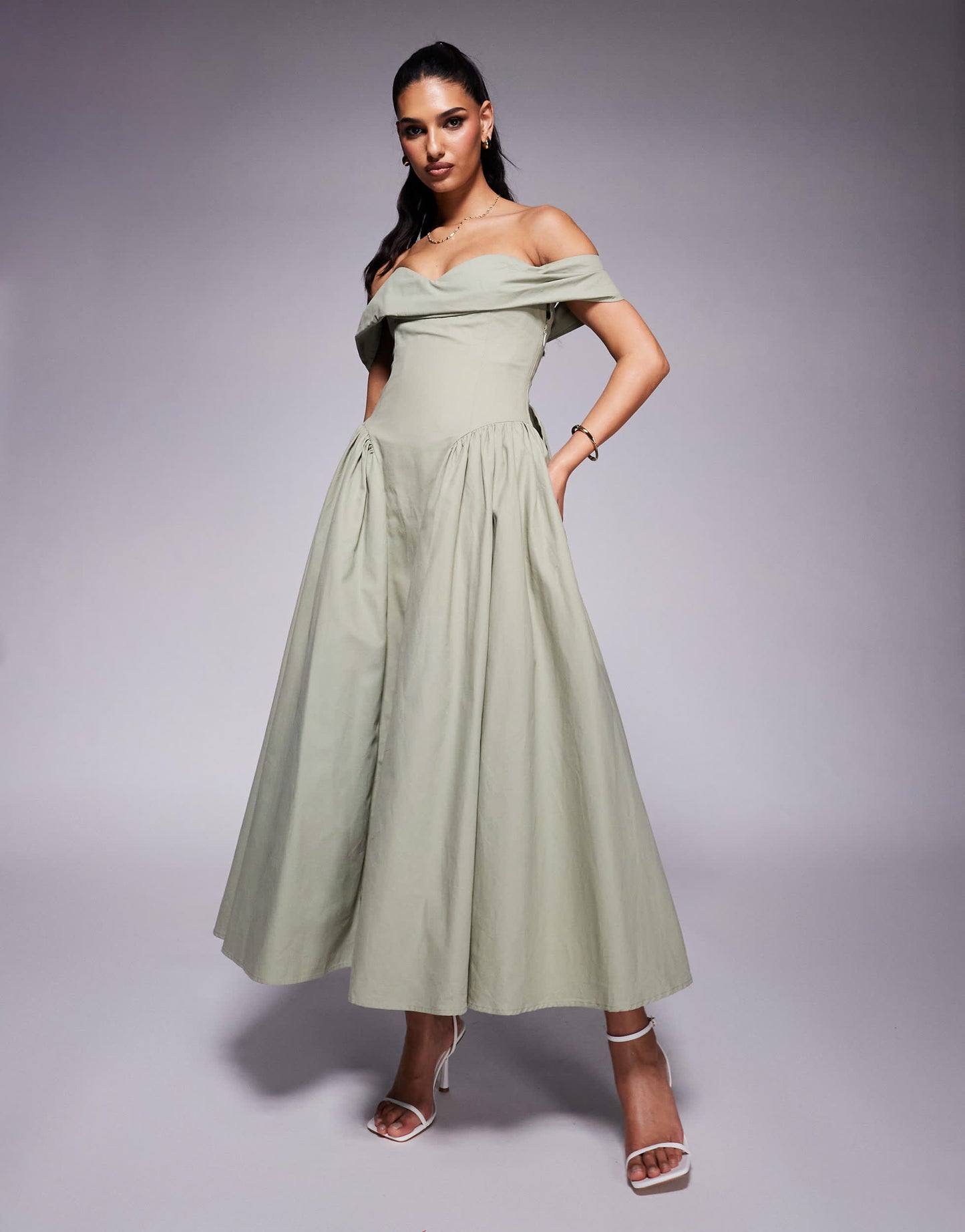 Lavish Alice off shoulder lace up cotton sun dress dress in sage