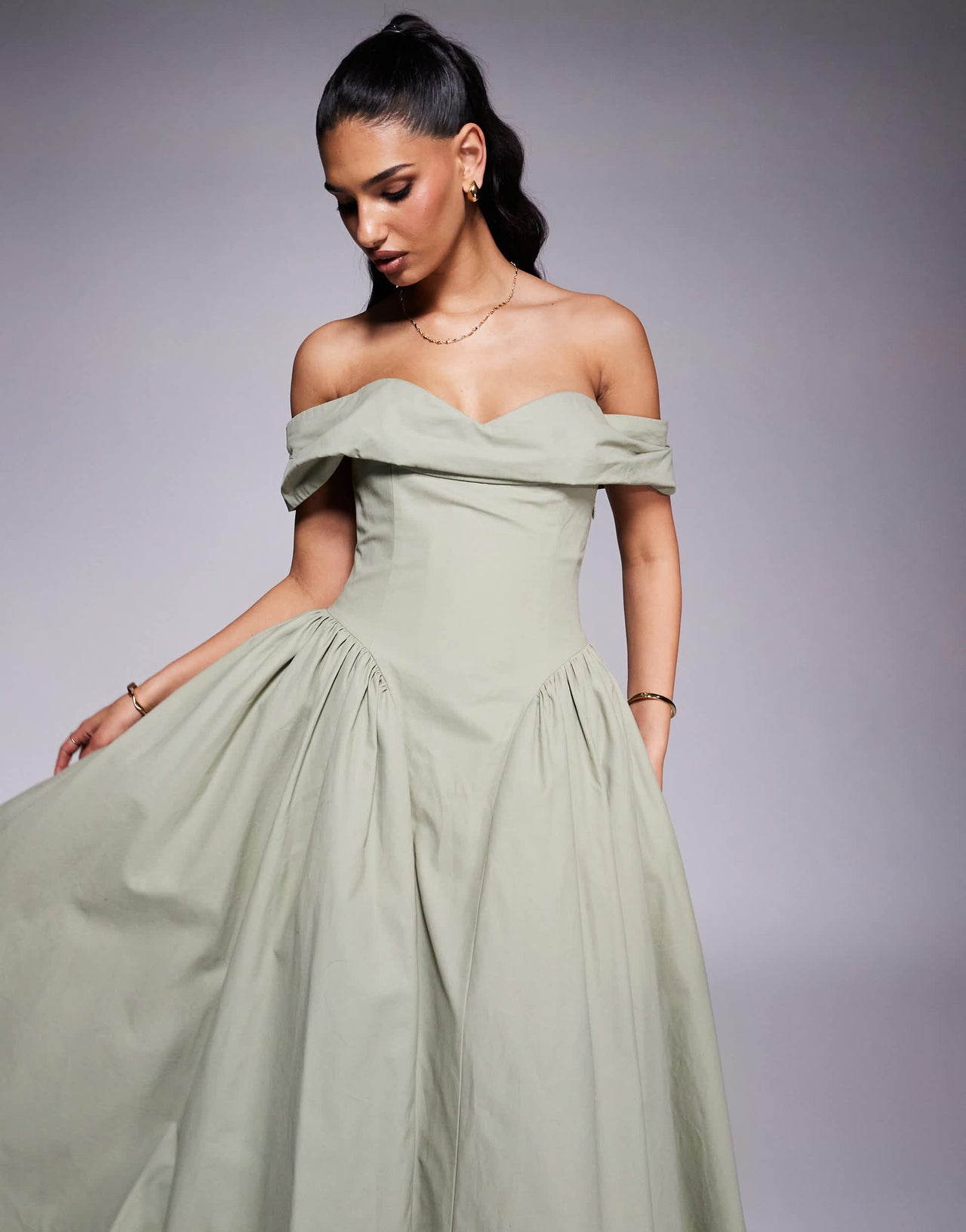 Lavish Alice off shoulder lace up cotton sun dress dress in sage