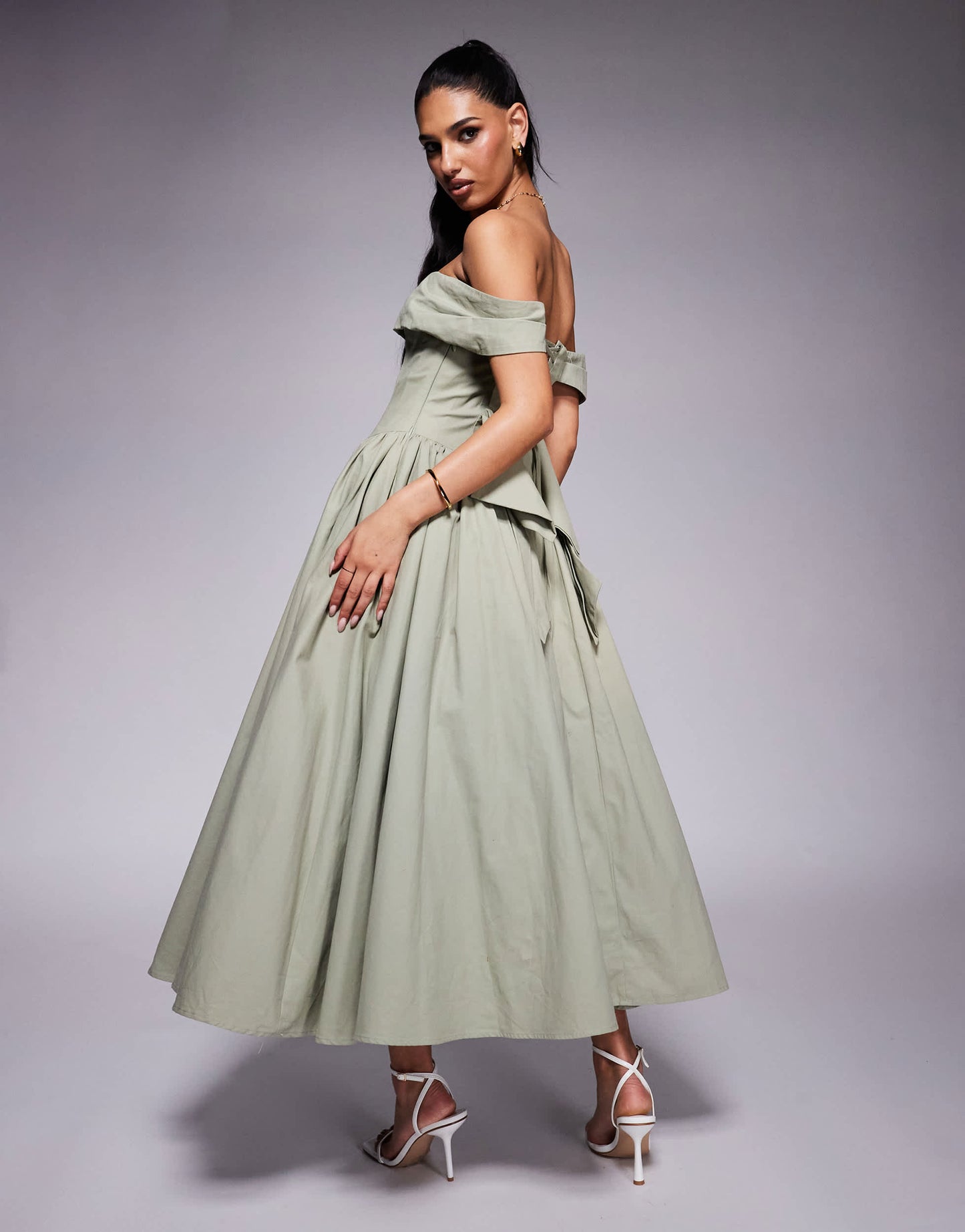 Lavish Alice off shoulder lace up cotton sun dress dress in sage