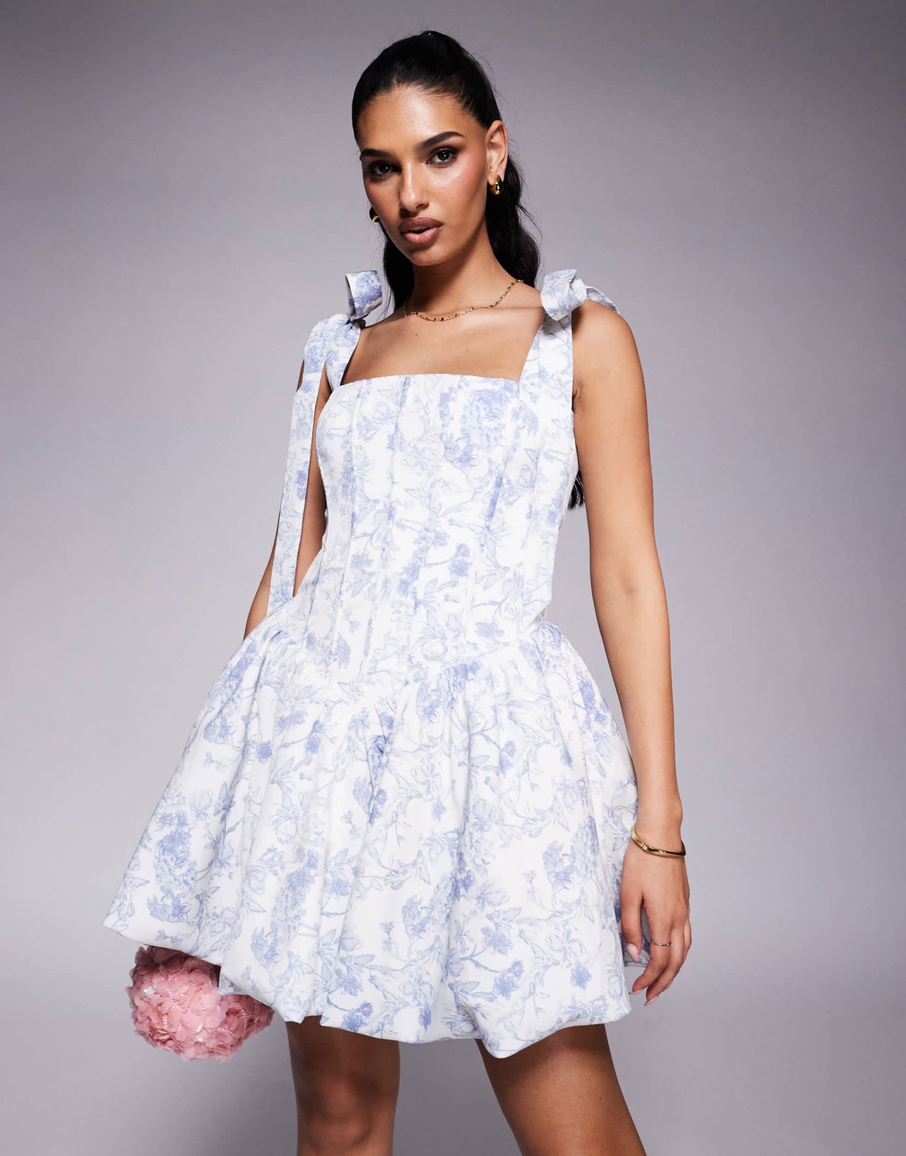 Lavish Alice bubble hem mini dress in blue print
