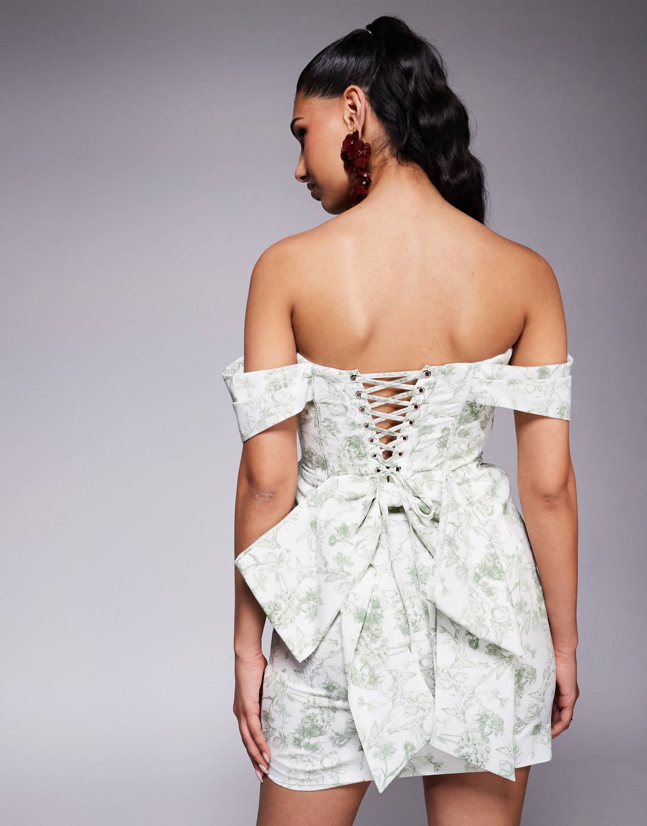 Lavish Alice off shoulder lace up mini dress in green print