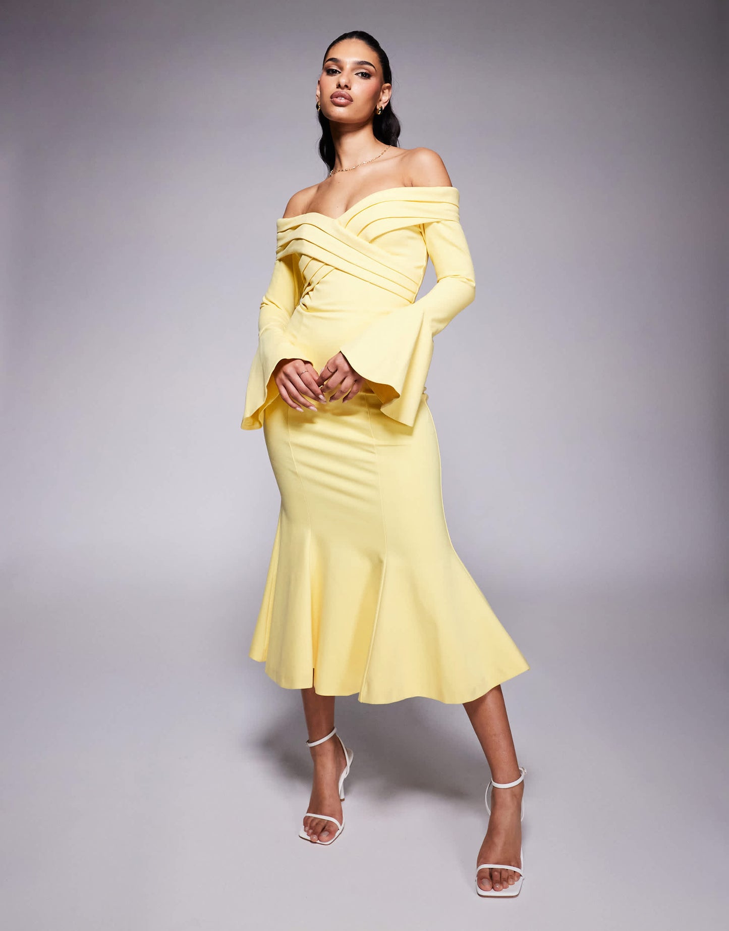 Lavish Alice off shoulder fit and flare long midi dress in yellow