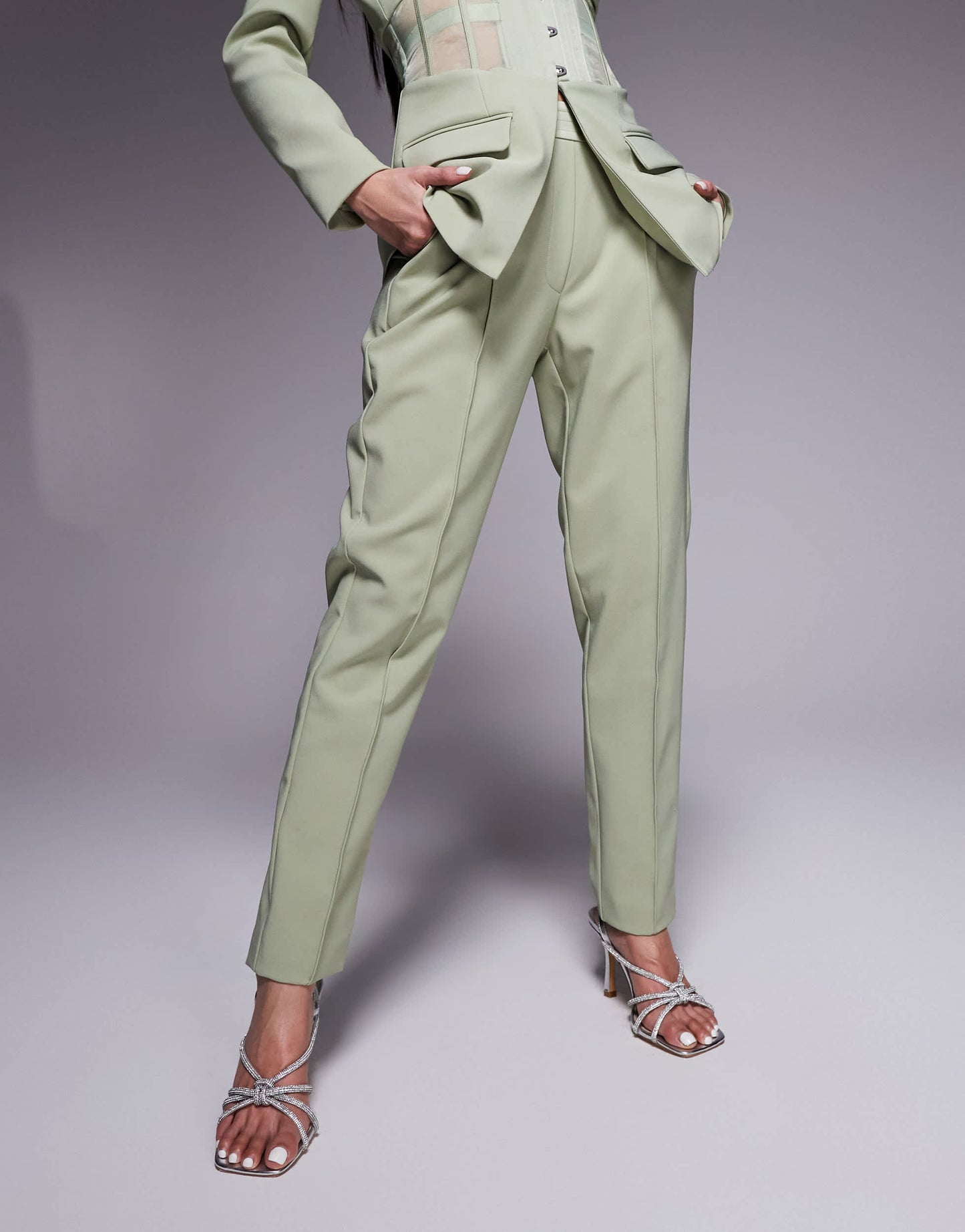 Lavish Alice mid rise satin mix tailored trousers co-ord in sage green