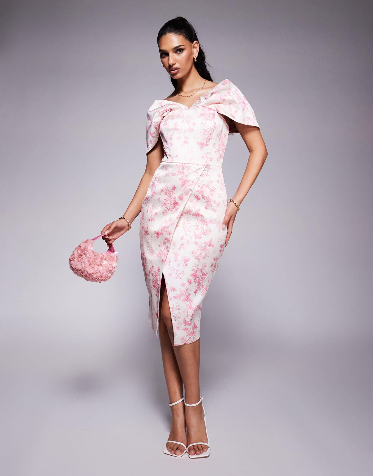 Lavish Alice draped bardot bonded satin midi dress in fushia porcelain print