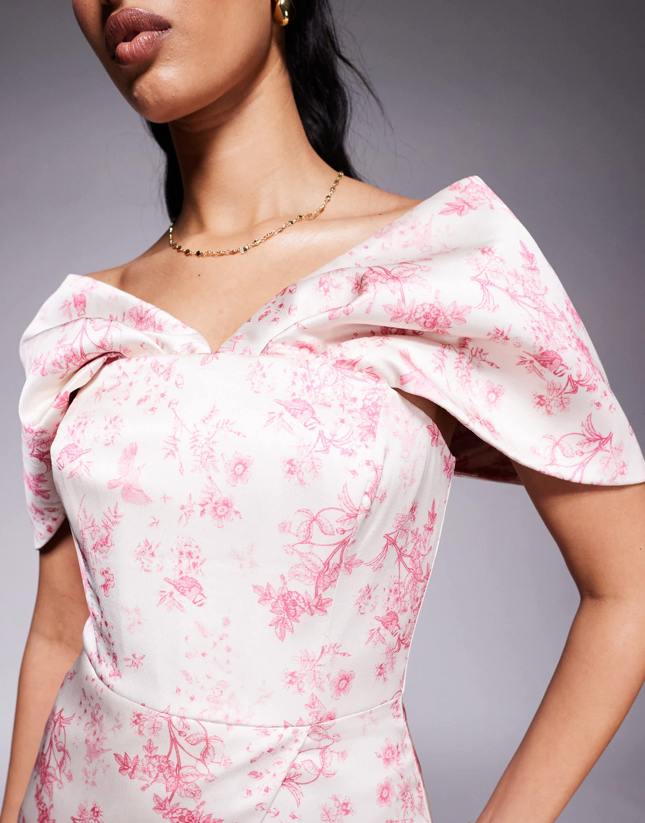 Lavish Alice draped bardot bonded satin midi dress in fushia porcelain print