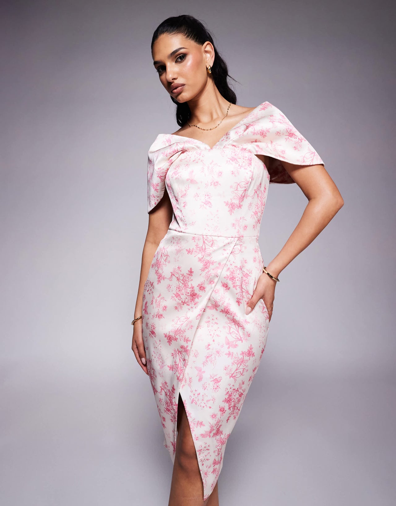Lavish Alice draped bardot bonded satin midi dress in fushia porcelain print