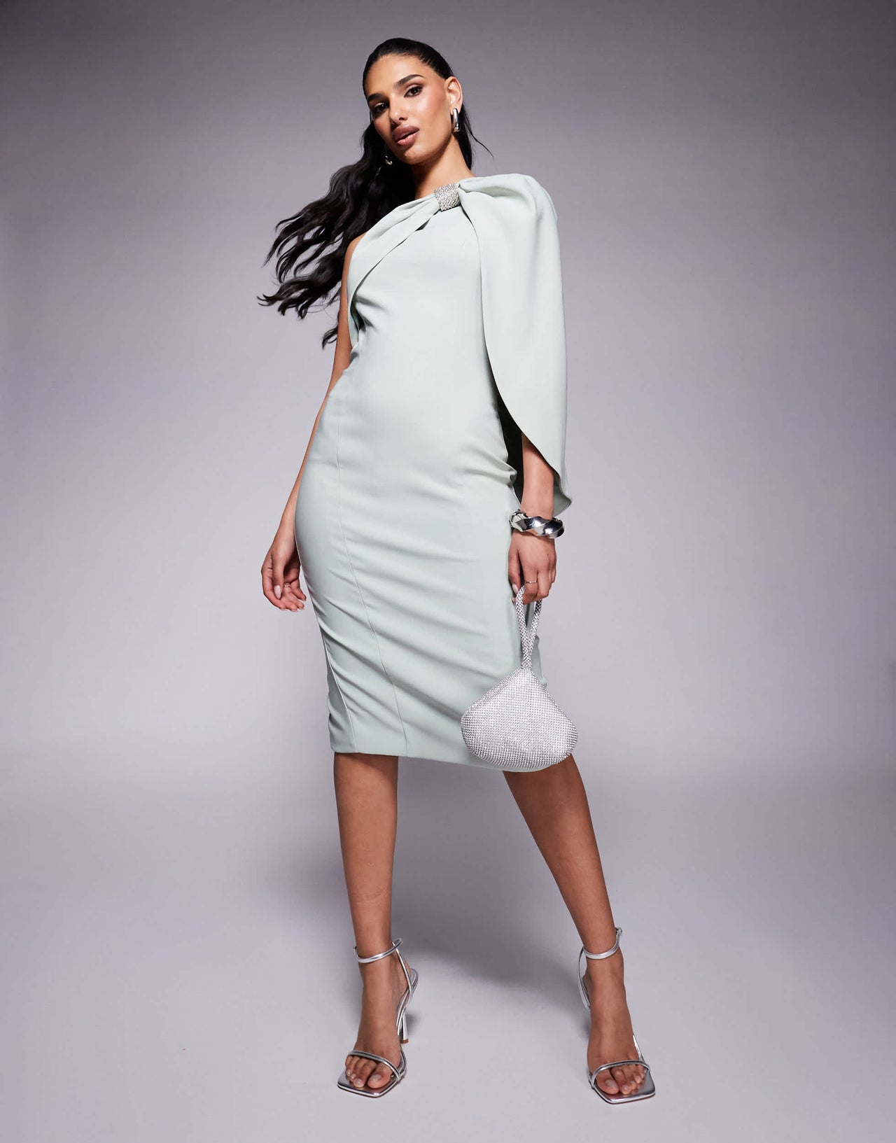 Lavish Alice one shoulder embellished bow cape midi dress in sage